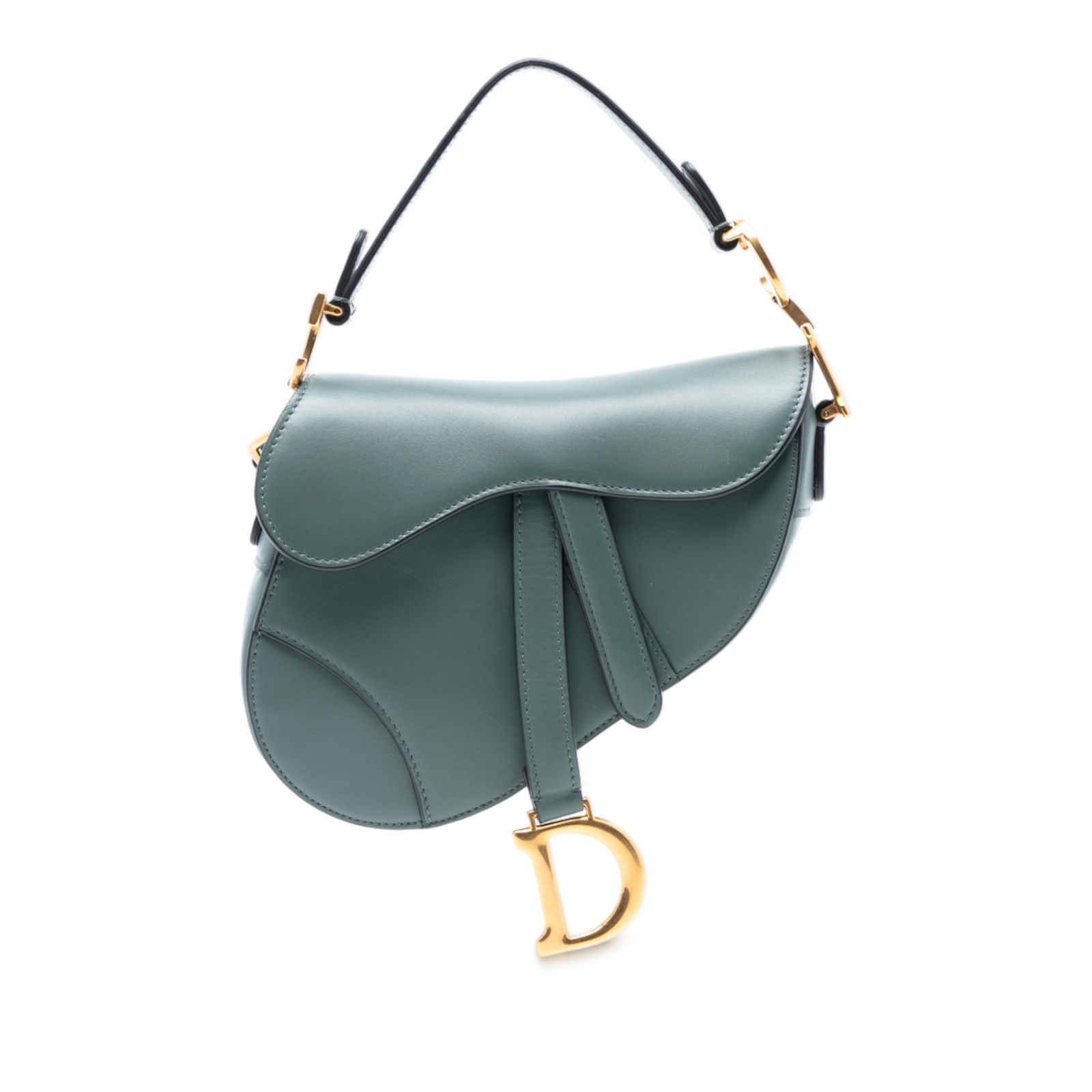 Dior Mini Saddle Bag Green Calfskin Leather with Magnetic Flap: Dior Mini Saddle Bag Green Calfskin Leather with Magnetic Flap This Dior Mini Smooth Calfskin Saddle Bag features a leather body in green, a flat leather shoulder strap, a front flap with magnetic clo
