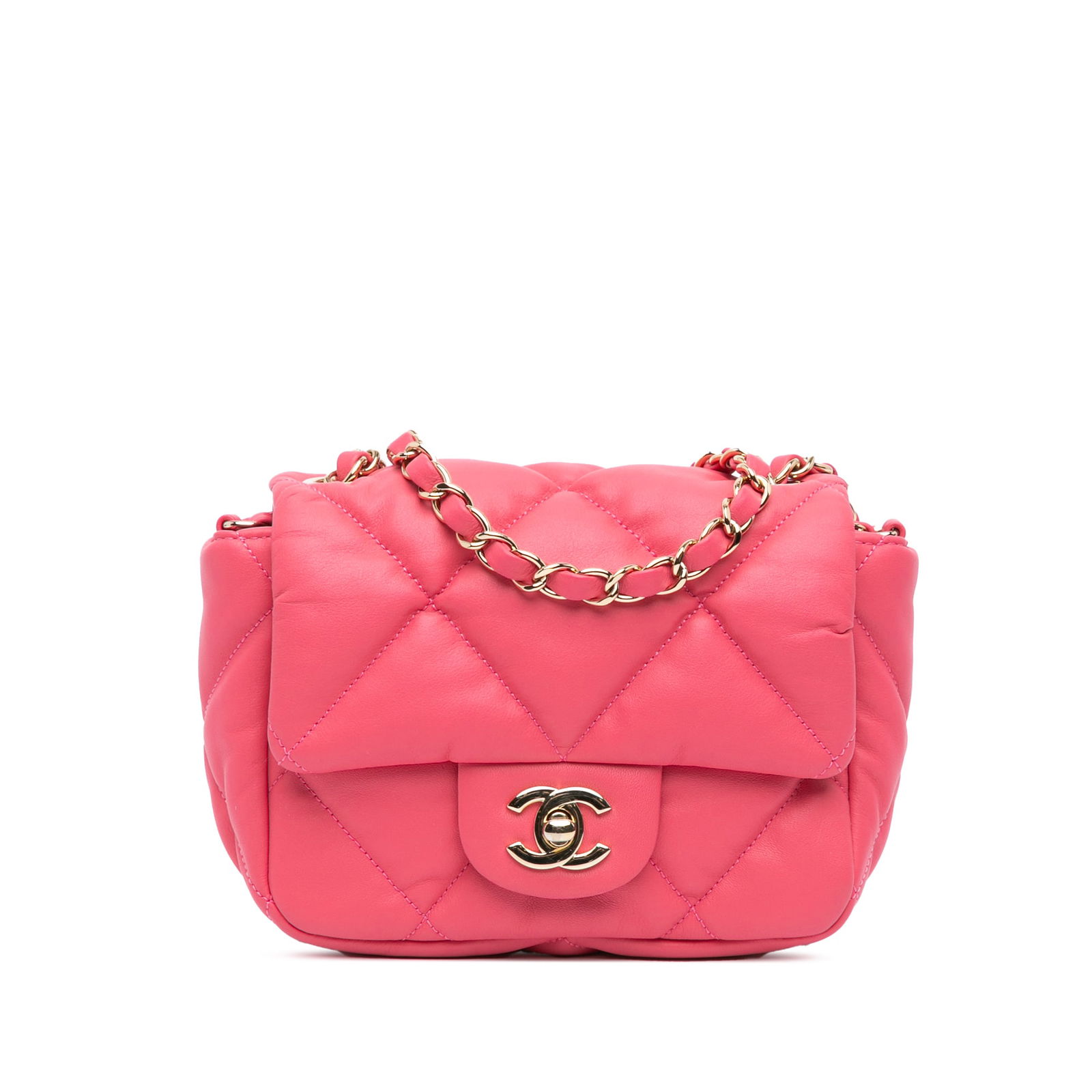 Chanel Pink Mini Quilted Calfskin Bubbly Flap Crossbody Bag: Chanel Pink Mini Quilted Calfskin Bubbly Flap Crossbody Bag Elevate your accessory collection with the Chanel Mini Quilted Calfskin Bubbly Flap. This stylish crossbody bag is crafted from luxurious qu