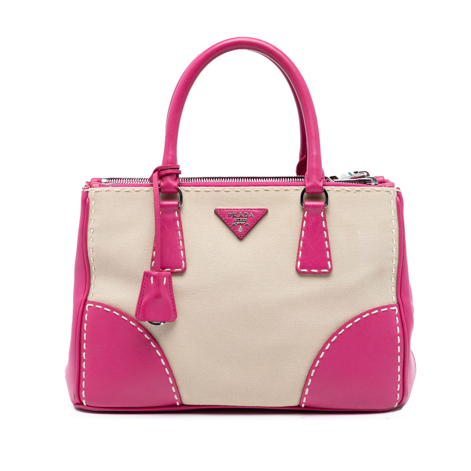 Prada Galleria Small Canvas and City Calf Leather Double Zip Satchel Bag: Prada Galleria Small Canvas and City Calf Leather Double Zip Satchel Bag This Prada Small Canvas and City Calf Hand Stitched Galleria Double Zip Satchel features a canvas and leather body, rolled leat