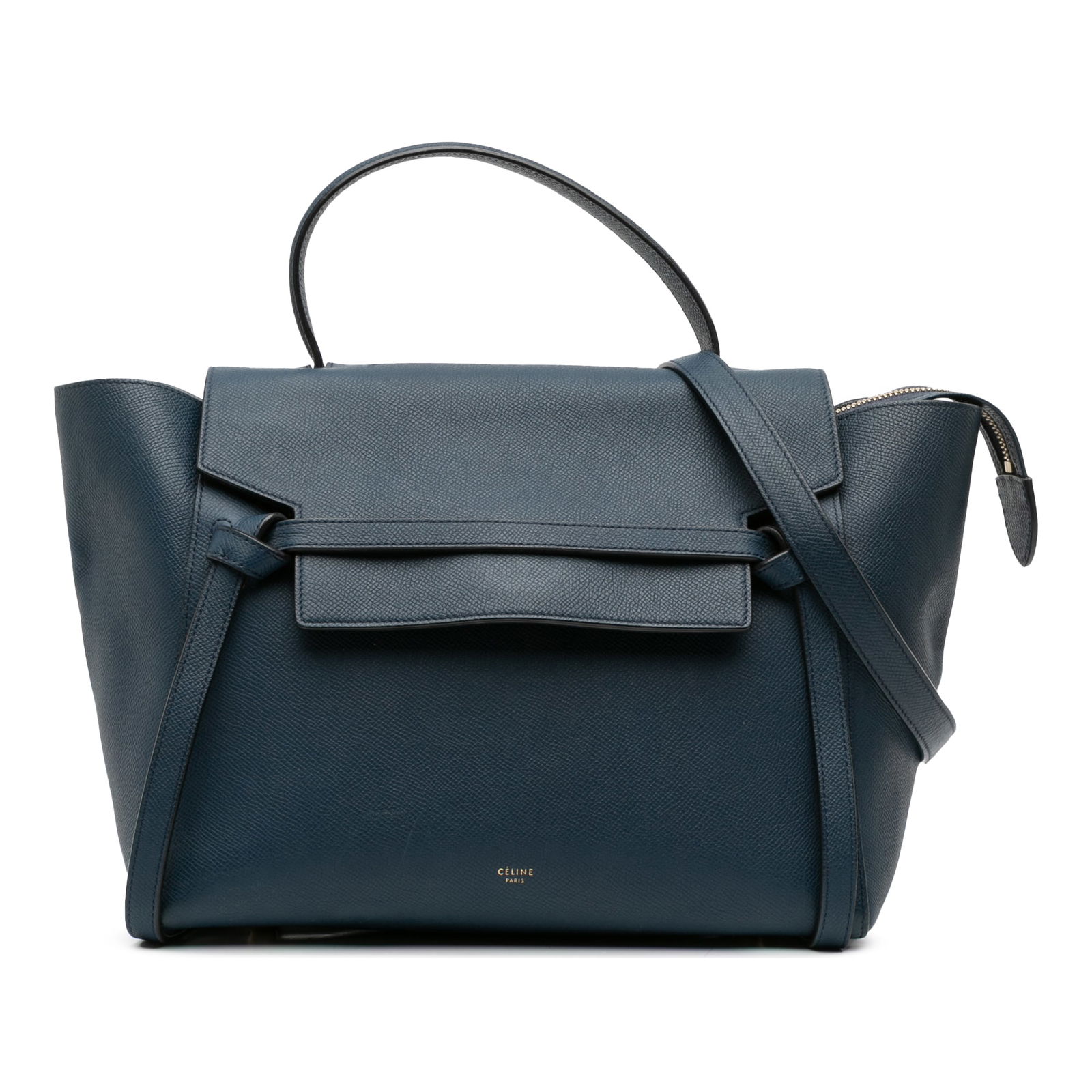 Celine Mini Grained Calfskin Belt Bag Blue Leather Italy: Celine Mini Grained Calfskin Belt Bag Blue Leather Italy Introducing the Celine Mini Grained Calfskin Belt Bag, a stylish satchel crafted from high-quality grained calf leather. This bag features a fl