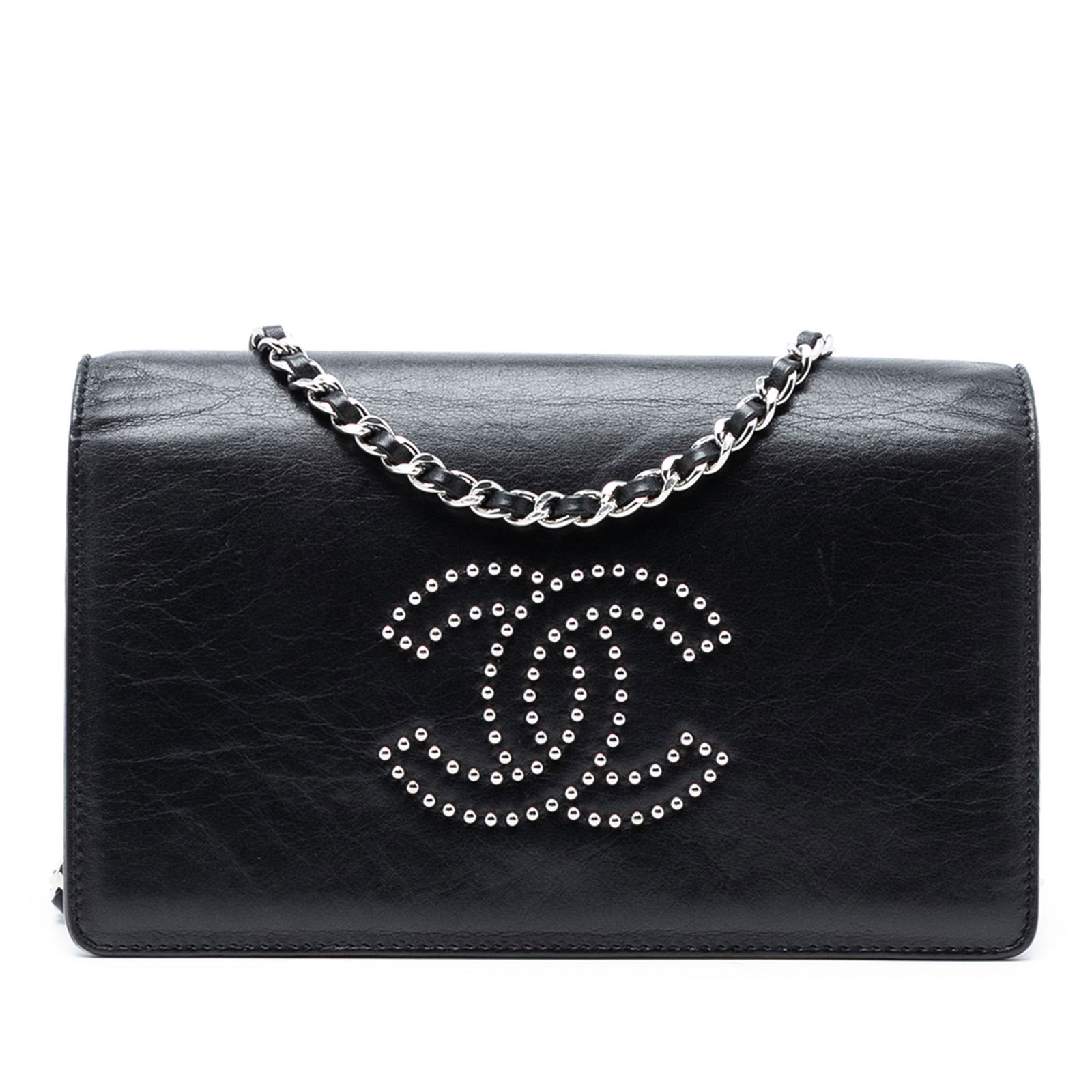 Chanel Black Studded Lambskin Wallet on Chain Crossbody Bag: Chanel Black Studded Lambskin Wallet on Chain Crossbody Bag This Chanel Studded Lambskin CC Wallet on Chain features a black studded lambskin leather body, a leather-woven chain strap, a front flap wi