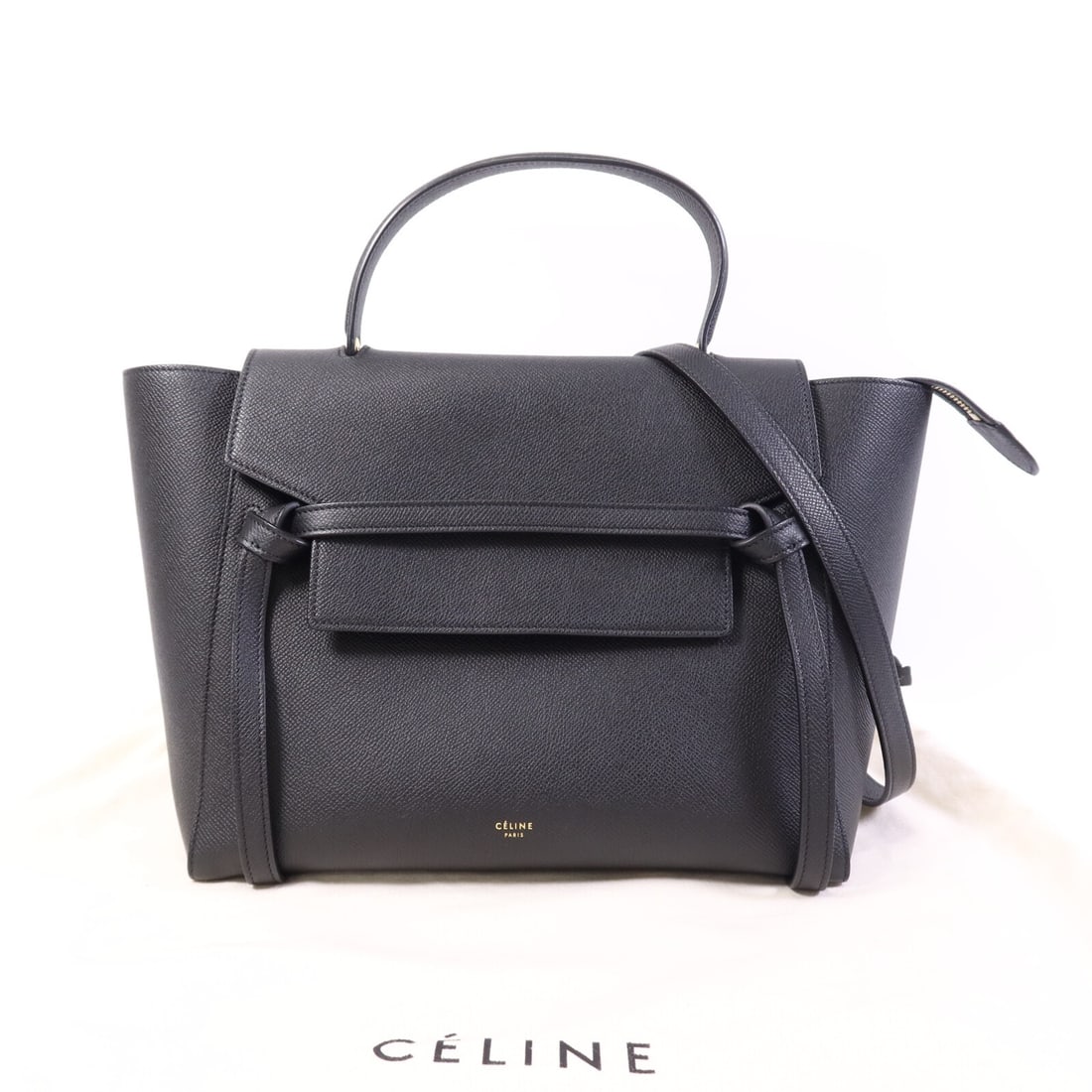 CELINE Mini Belt Bag Black Calfskin Leather 2 Way Shoulder Bag: CELINE Mini Belt Bag Black Calfskin Leather 2 Way Shoulder Bag Introducing the CELINE Mini Belt Bag, a versatile 2-way shoulder bag crafted from premium black calfskin leather. This stylish accessory
