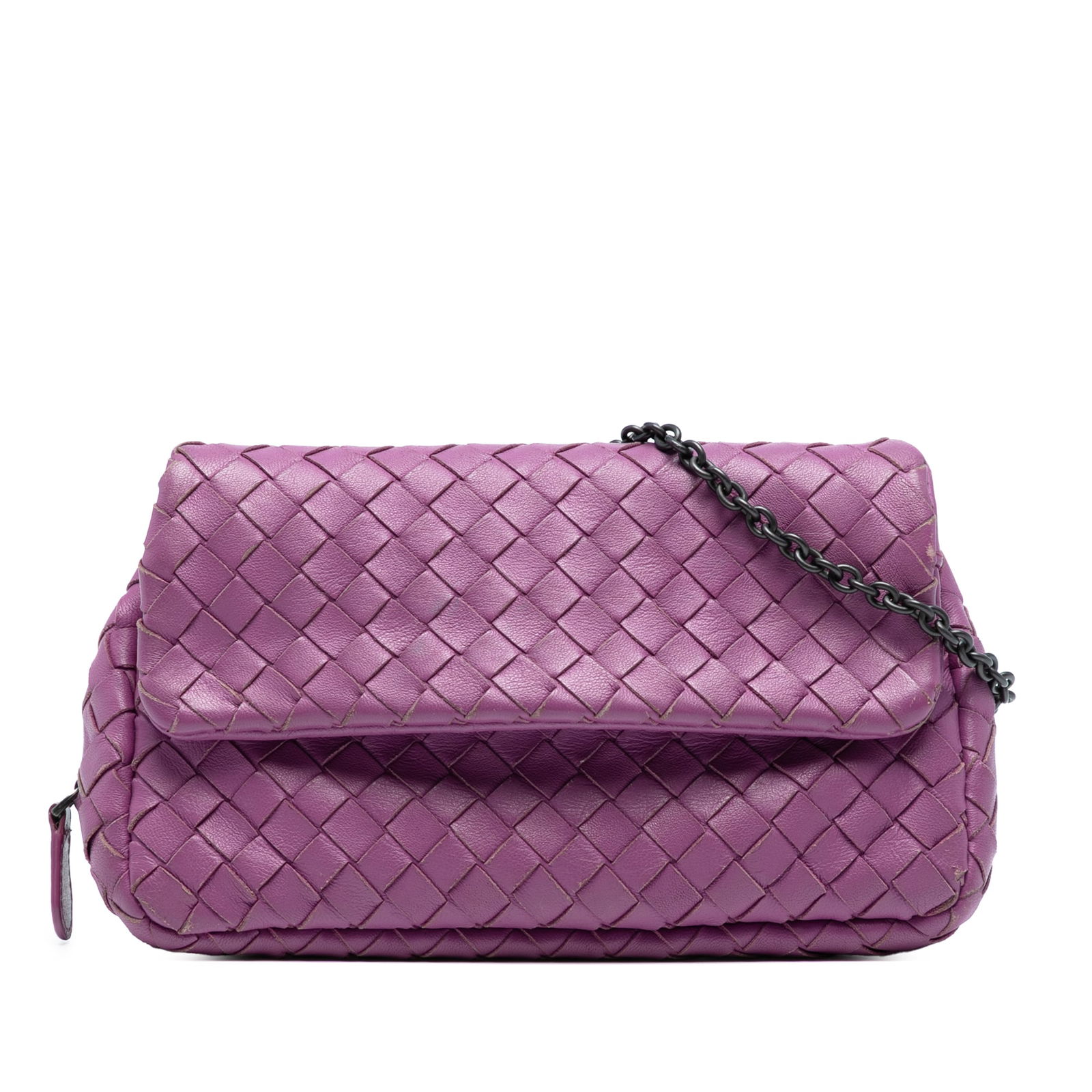 Bottega Veneta Purple Mini Nappa Intrecciato Chain Flap Crossbody Bag: Bottega Veneta Purple Mini Nappa Intrecciato Chain Flap Crossbody Bag This stylish Bottega Veneta Mini Nappa Intrecciato Expandable Chain Flap Crossbody is crafted from premium woven leather in a soph
