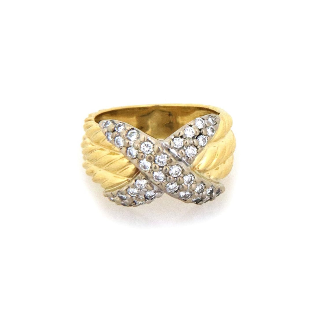 David Yurman 18k Gold Diamond X Band Ring: David Yurman 18k Gold Diamond X Band Ring This exquisite band ring by David Yurman showcases a unique design crafted from 18k yellow and white gold. It features a triple stack yellow gold cable band w