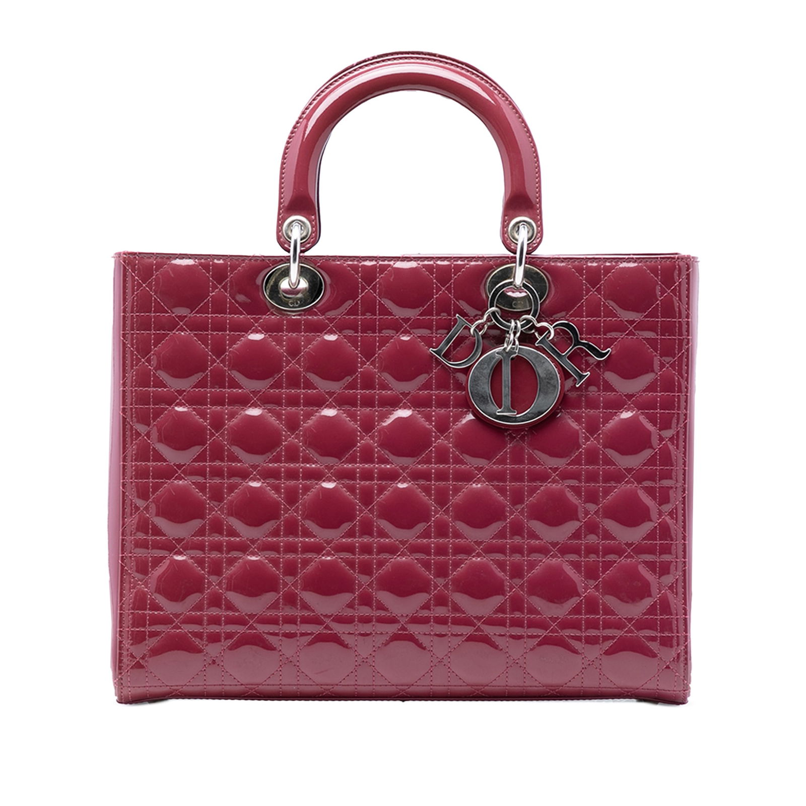 Dior Lady Dior Large Red Patent Cannage Quilted Leather Handbag: Dior Lady Dior Large Red Patent Cannage Quilted Leather Handbag This Lady Dior bag features a quilted patent leather body in red, rolled top handles, and a detachable flat leather strap. It is designe
