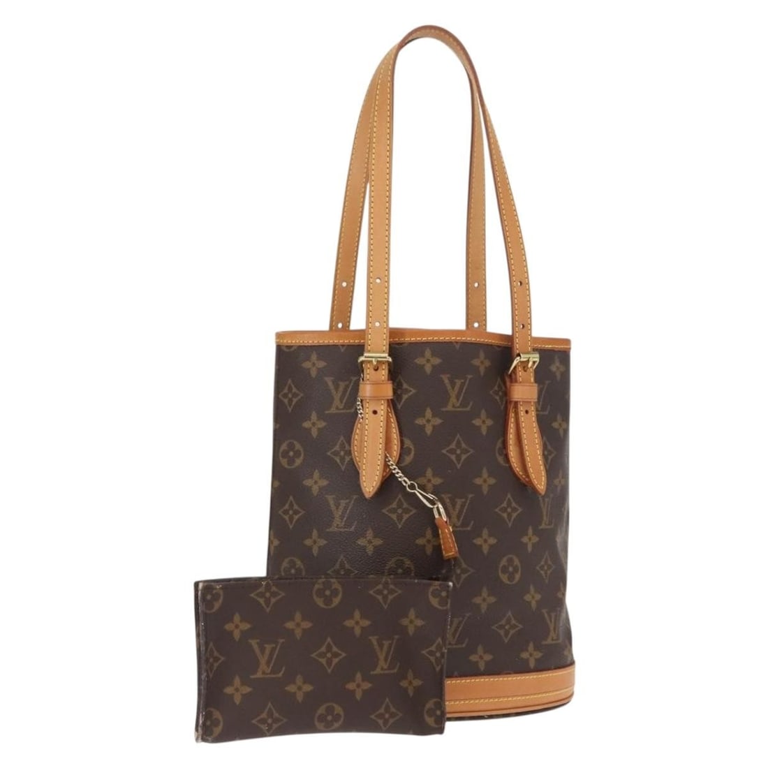 Louis Vuitton Monogram Canvas Bucket PM Shoulder Bag with Pouch M42238: Louis Vuitton Monogram Canvas Bucket PM Shoulder Bag with Pouch M42238 This Louis Vuitton Monogram Bucket PM is a shoulder bag crafted from signature monogram canvas, complemented by natural leather a