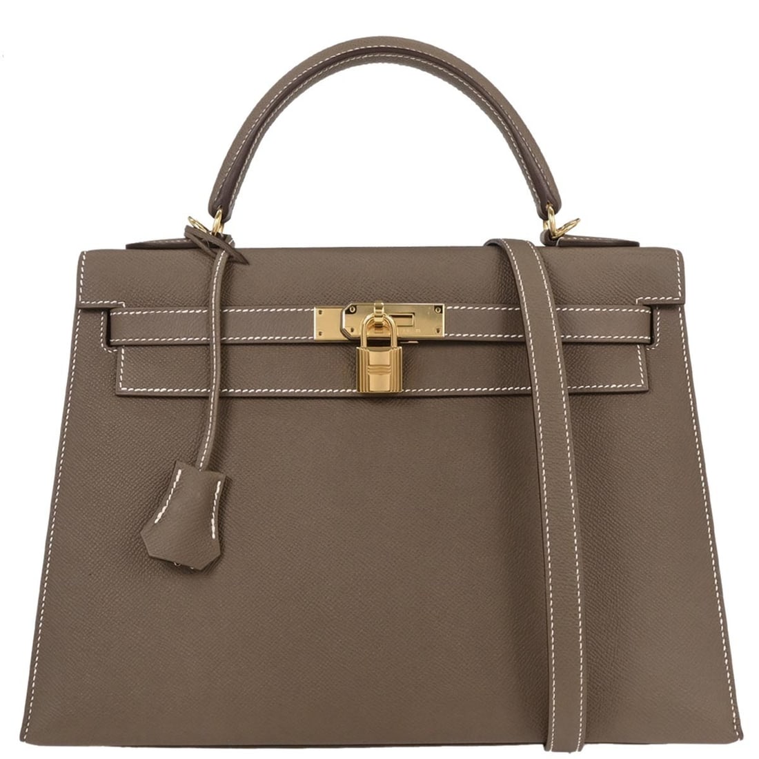 Hermes Kelly 32 Epsom Leather Top Handle Bag Etoupe Gray Gold Hardware: Hermes Kelly 32 Epsom Leather Top Handle Bag Etoupe Gray Gold Hardware Introducing the exquisite Hermes Etoupe Gray Epsom Kelly 32 Sellier 2way Handbag, a luxurious accessory that showcases timeless e