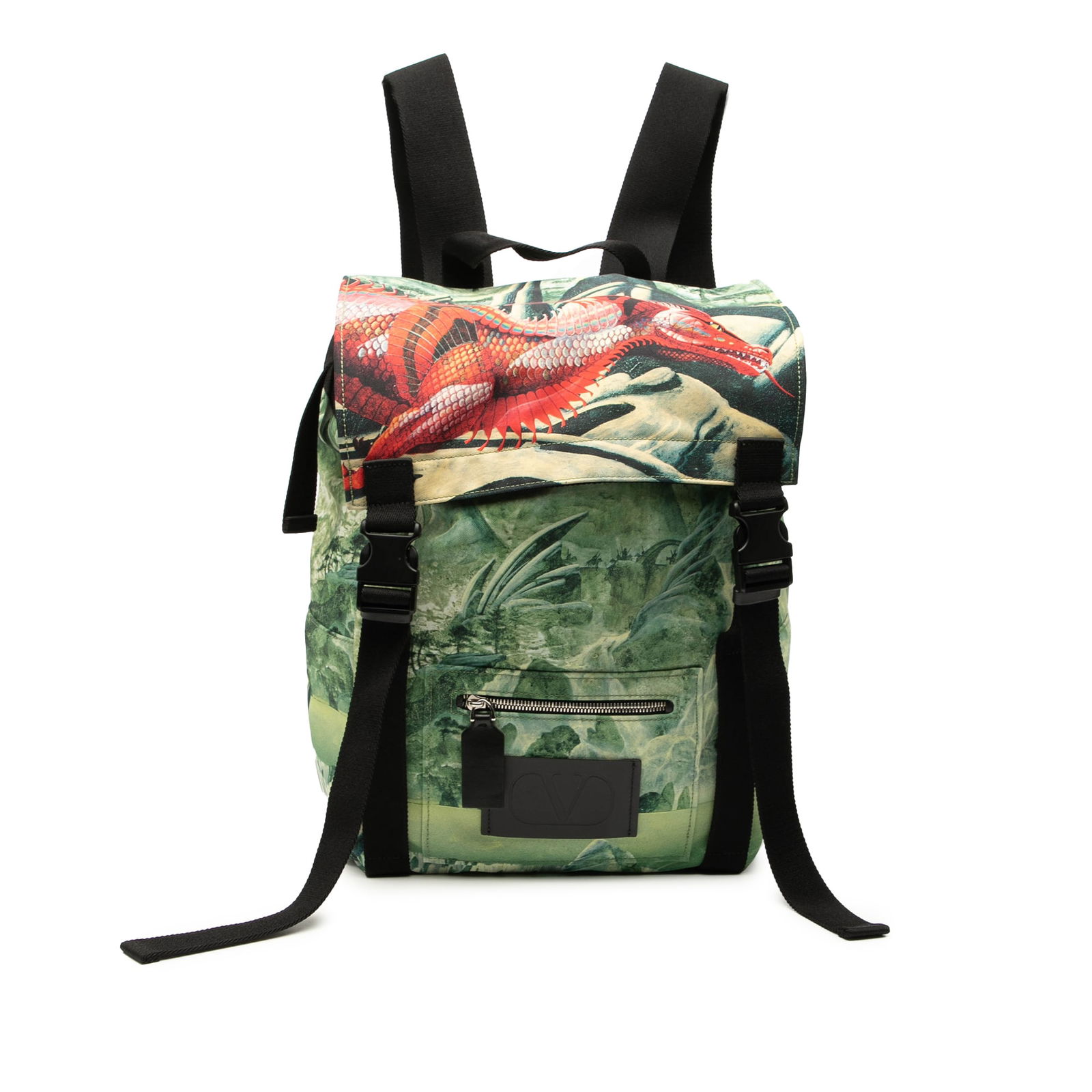 Valentino Roger Dean Red Dragon Backpack Green Nylon: Valentino Roger Dean Red Dragon Backpack Green Nylon Introducing the Valentino Roger Dean Red Dragon Nylon Backpack, a stylish and practical accessory crafted from durable printed nylon. This eye-catc