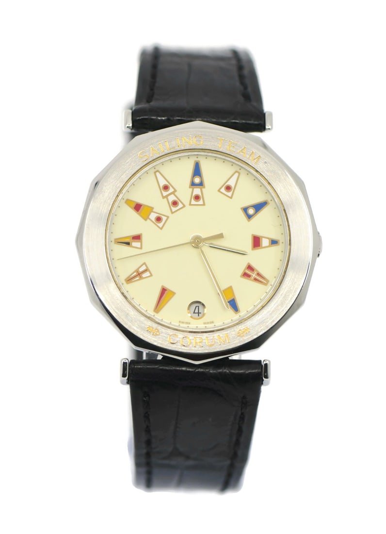 Corum Sailing Team Quartz Wristwatch Ref 63.800.20 Stainless Steel 36mm with Box: Corum Sailing Team Quartz Wristwatch Ref 63.800.20 Stainless Steel 36mm with Box This Corum Sailing Team wristwatch features a 36mm stainless steel case with an analog display. The watch is powered by