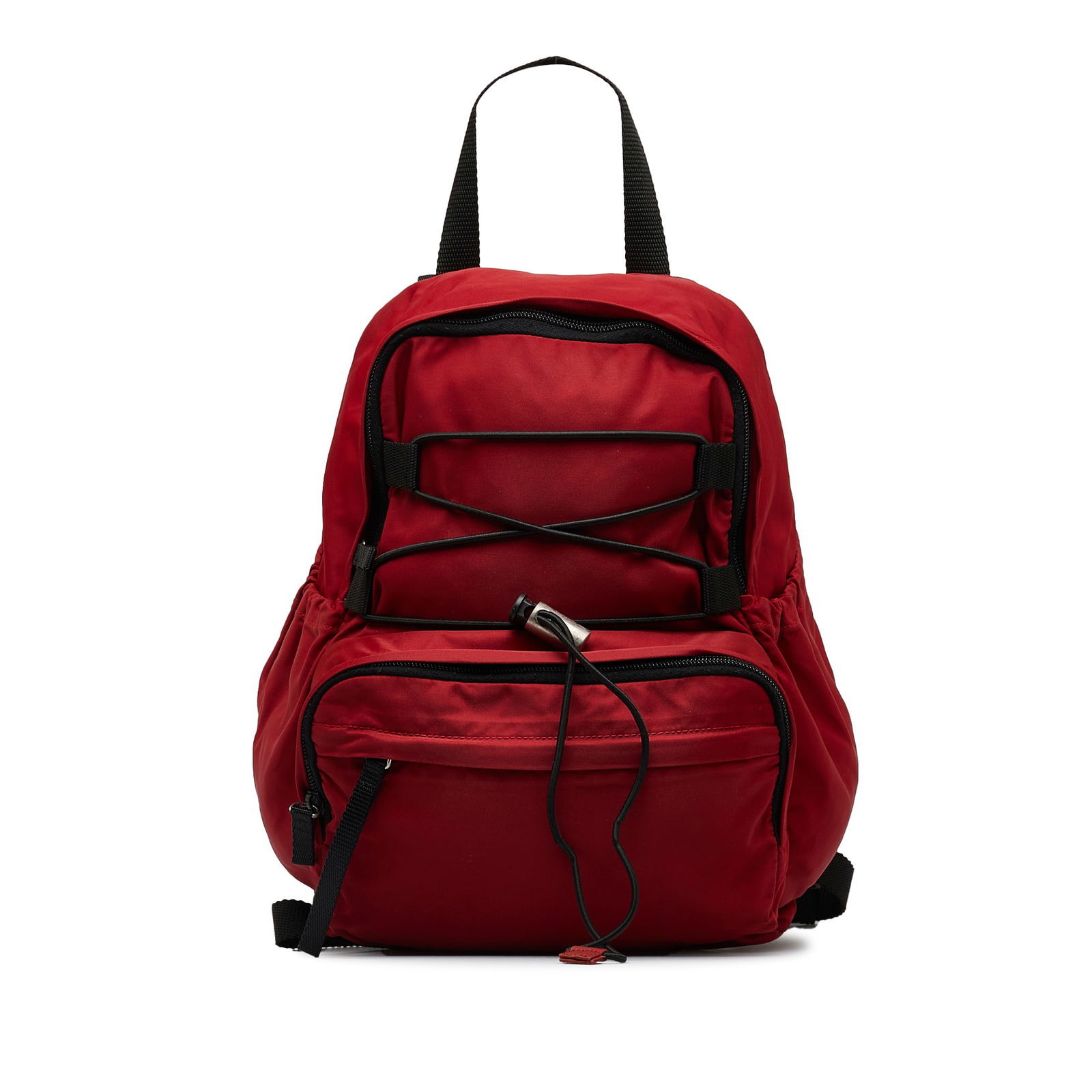 Prada Tessuto Backpack Red Nylon with Flat Straps and Zip Pockets: Prada Tessuto Backpack Red Nylon with Flat Straps and Zip Pockets The Prada Tessuto Backpack is a stylish and functional accessory crafted from durable nylon. It features flat back straps for comforta
