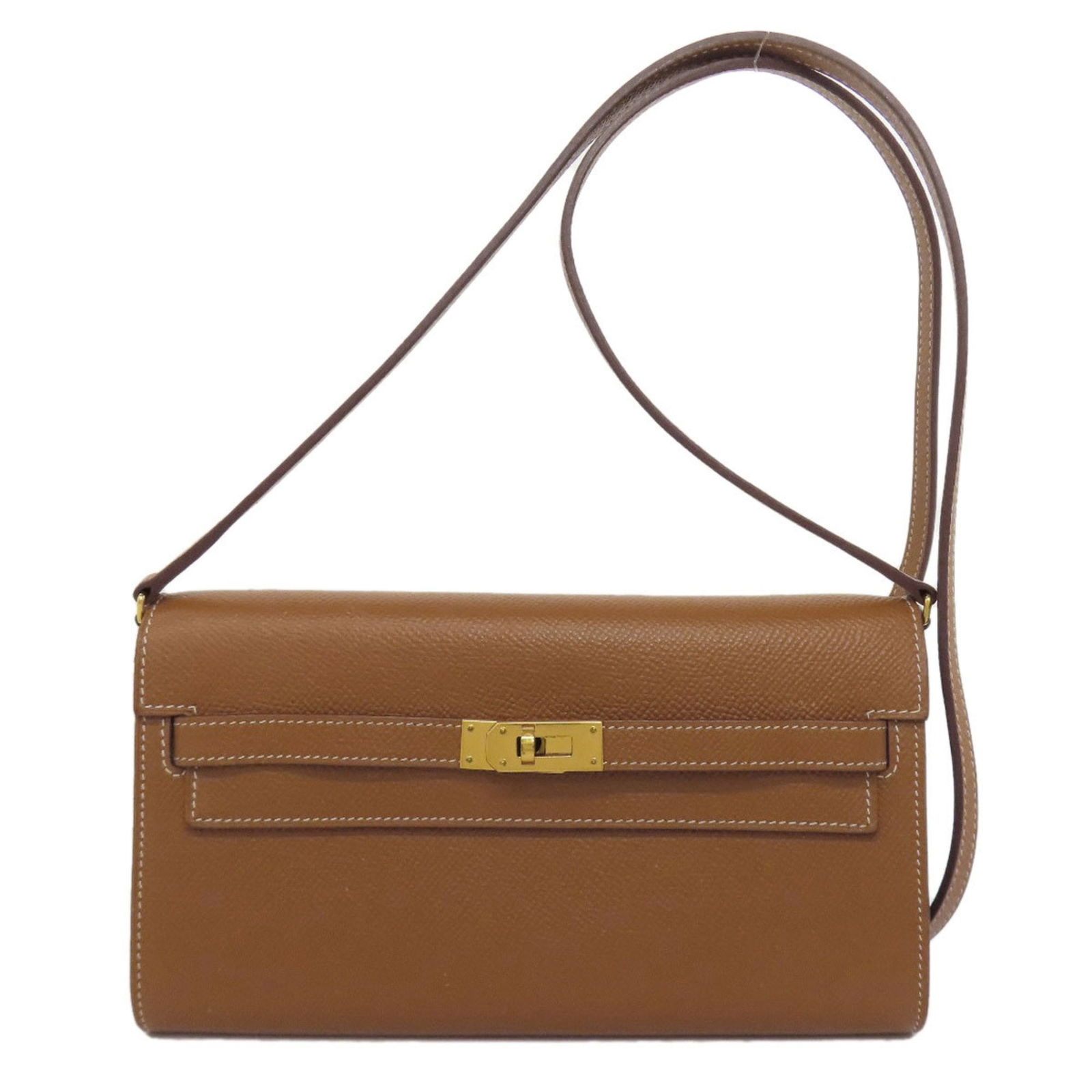 Gold Leather Hermes Kelly To Go Clutch Bag with Strap: Gold Leather Hermes Kelly To Go Clutch Bag with Strap The Hermes Kelly To Go is a women's leather accessory in gold color. It features a strap or chain with a length of 1.1 meters (43.3 inches). There