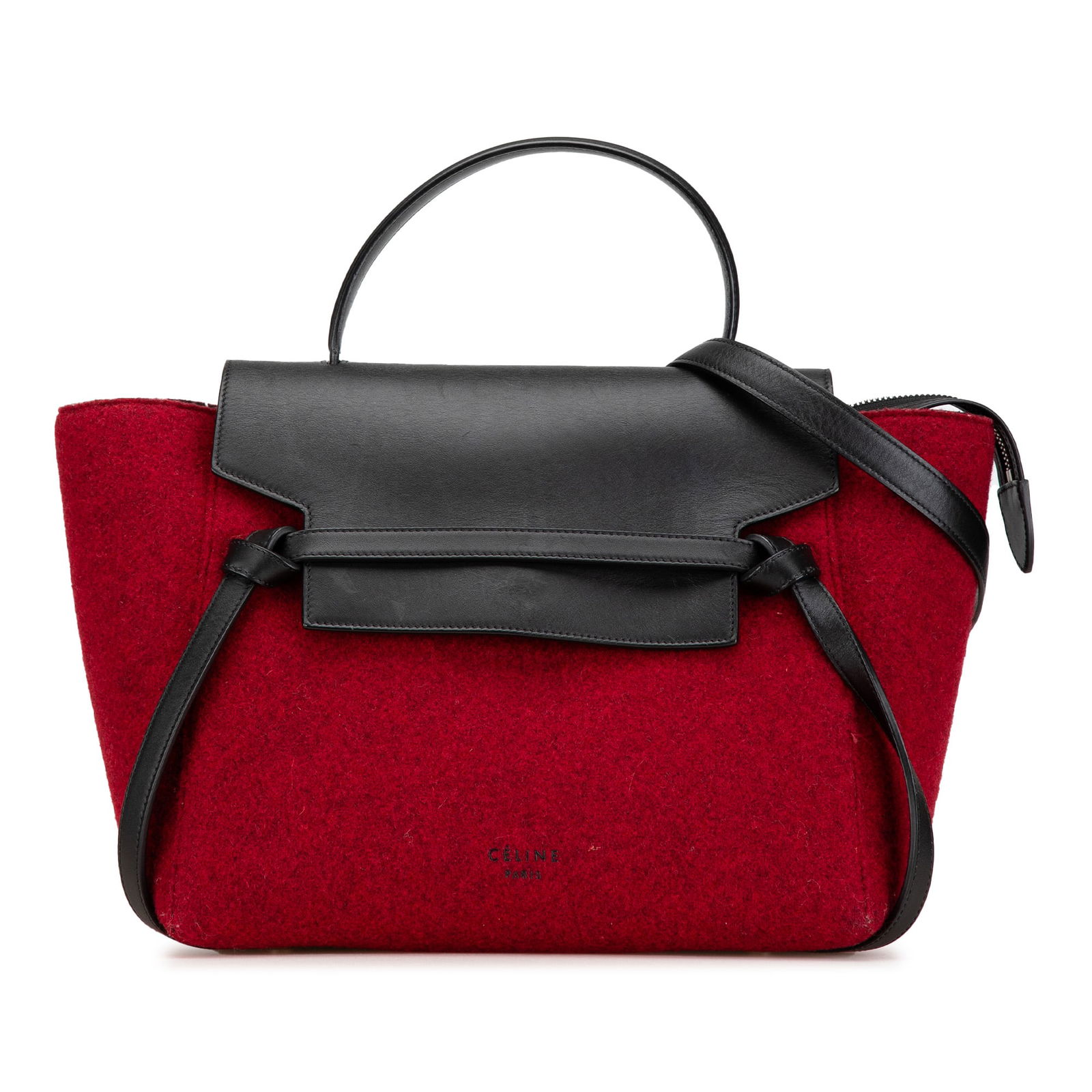 Celine Mini Felt and Calfskin Belt Satchel Red Italy: Celine Mini Felt and Calfskin Belt Satchel Red Italy Introducing the Celine Mini Felt and Calfskin Belt Satchel, a stylish accessory crafted from a felt body with luxurious leather trim. This chic bag