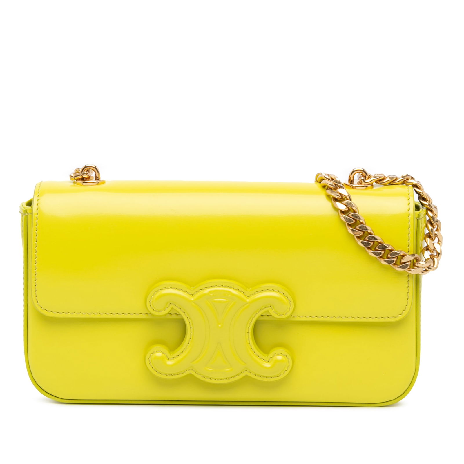 Celine Yellow Calfskin Cuir Triomphe Chain Shoulder Bag: Celine Yellow Calfskin Cuir Triomphe Chain Shoulder Bag Introducing the Celine Calfskin Cuir Triomphe Chain Shoulder Bag, a stylish accessory crafted from high-quality leather. This bag features a chi