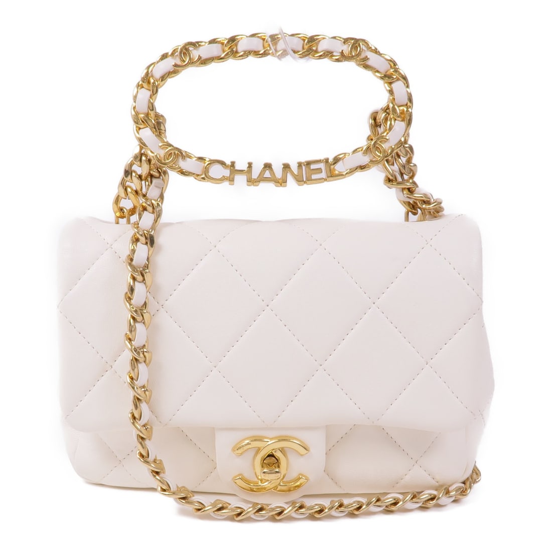 White Calfskin Leather Chanel CC Shoulder Bag with Gold Tone Chain: White Calfskin Leather Chanel CC Shoulder Bag with Gold Tone Chain This CHANEL shoulder bag features a classic CC design with gold tone hardware and is crafted from white calfskin leather. The bag off