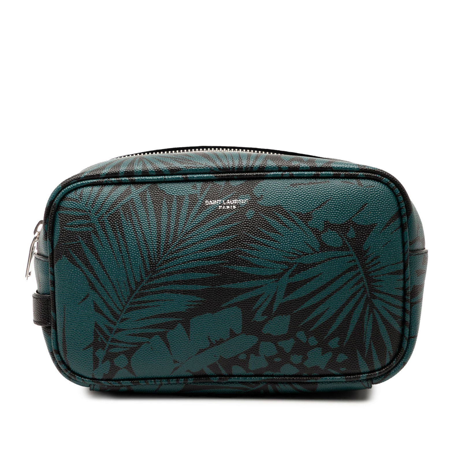 Saint Laurent Grain de Poudre Tropical Palm Leather Pouch Blue: Saint Laurent Grain de Poudre Tropical Palm Leather Pouch Blue The Saint Laurent Grain de Poudre Tropical Palm Pouch is a stylish accessory crafted from high-quality leather. It features a convenient