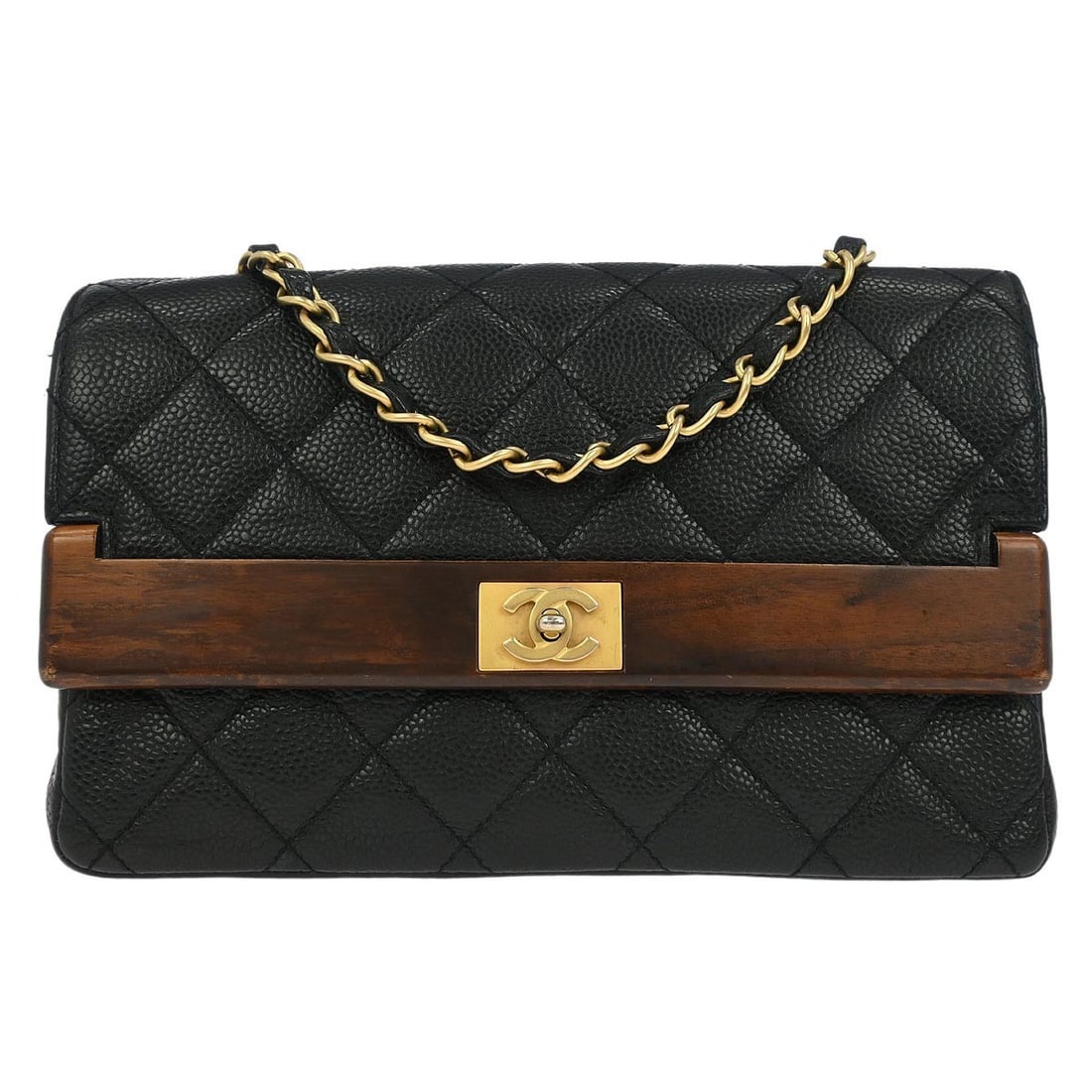 Small Shoulder Bag in Black Calfskin Leather with Wood Straight Flap: Small Shoulder Bag in Black Calfskin Leather with Wood Straight Flap This Chanel shoulder bag features black calfskin leather and a wood straight flap design. It offers a small size with a structured