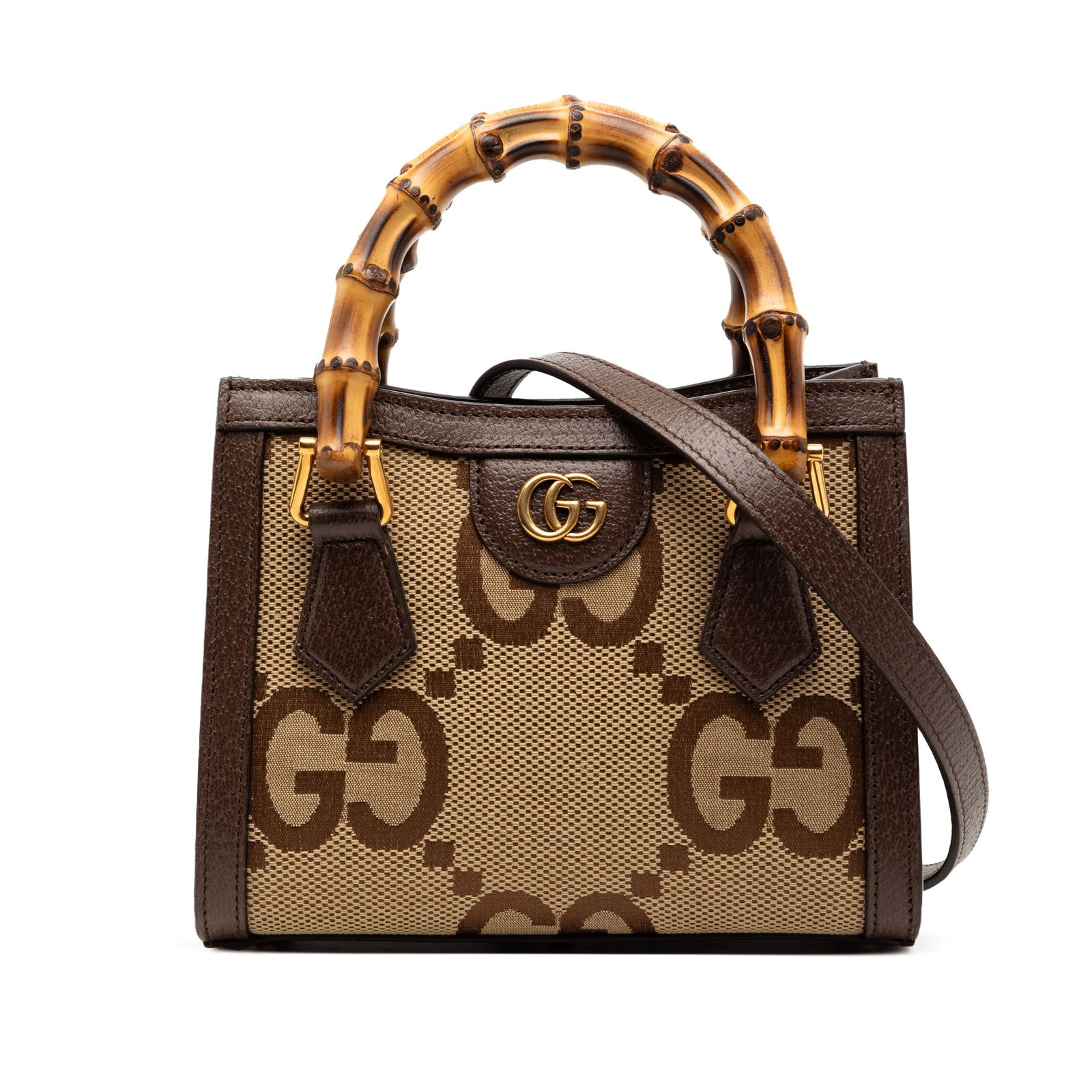 Mini Jumbo GG Canvas Diana Satchel with Bamboo Handles by Gucci: Mini Jumbo GG Canvas Diana Satchel with Bamboo Handles by Gucci This Gucci Mini Jumbo GG Canvas Bamboo Diana Satchel features a canvas body with leather trim, distinctive bamboo top handles, a detacha