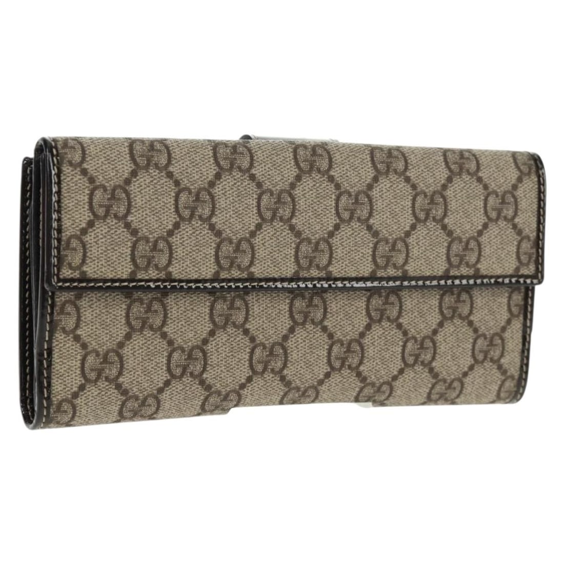 Beige Gold GUCCI GG Supreme PVC Long Wallet Model 212089 with Box: Beige Gold GUCCI GG Supreme PVC Long Wallet Model 212089 with Box This GUCCI GG Supreme long wallet features a beige and gold color scheme with PVC leather and GG canvas materials. The wallet offers a