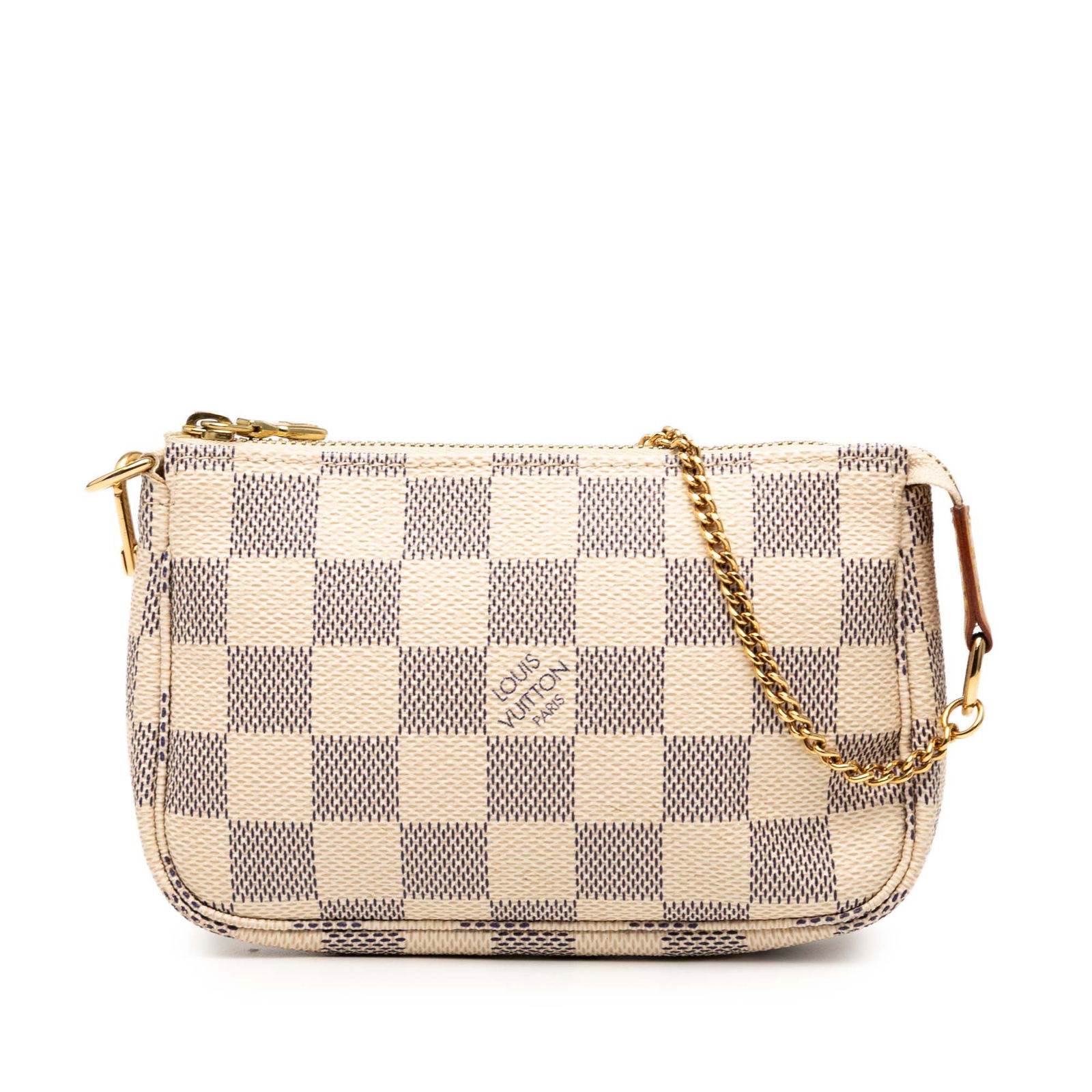 Louis Vuitton Damier Azur Mini Pochette with Chain Strap: Louis Vuitton Damier Azur Mini Pochette with Chain Strap The Louis Vuitton Damier Azur Mini Pochette Accessoires is a stylish bag crafted from damier canvas in a chic white color. This elegant accesso