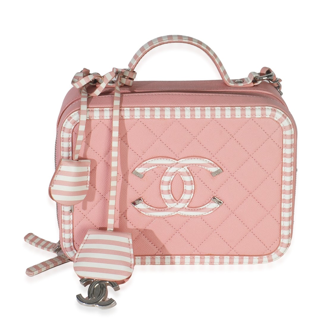 Medium CC Filigree Leather Vanity Bag in Pink Quilted Caviar by Chanel: Medium CC Filigree Leather Vanity Bag in Pink Quilted Caviar by Chanel This Chanel Medium CC Filigree Vanity Case features pink quilted caviar leather with striped detailing. It is designed with both