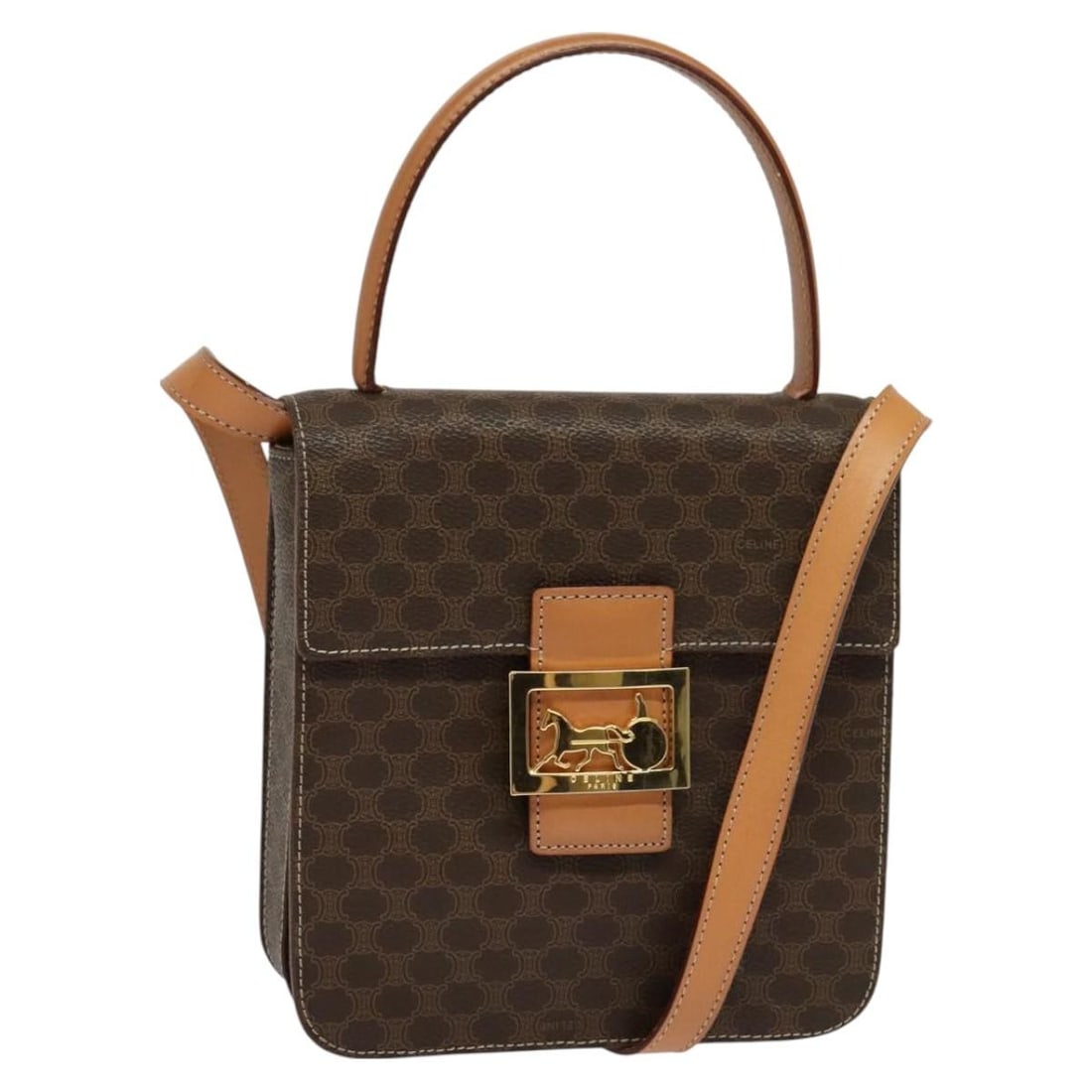 CELINE Macadam Canvas Hand Bag PVC Leather Brown Gold Made in Italy: CELINE Macadam Canvas Hand Bag PVC Leather Brown Gold Made in Italy This authentic CELINE Macadam Canvas Hand Bag features a stylish combination of PVC leather in a sophisticated brown and gold color