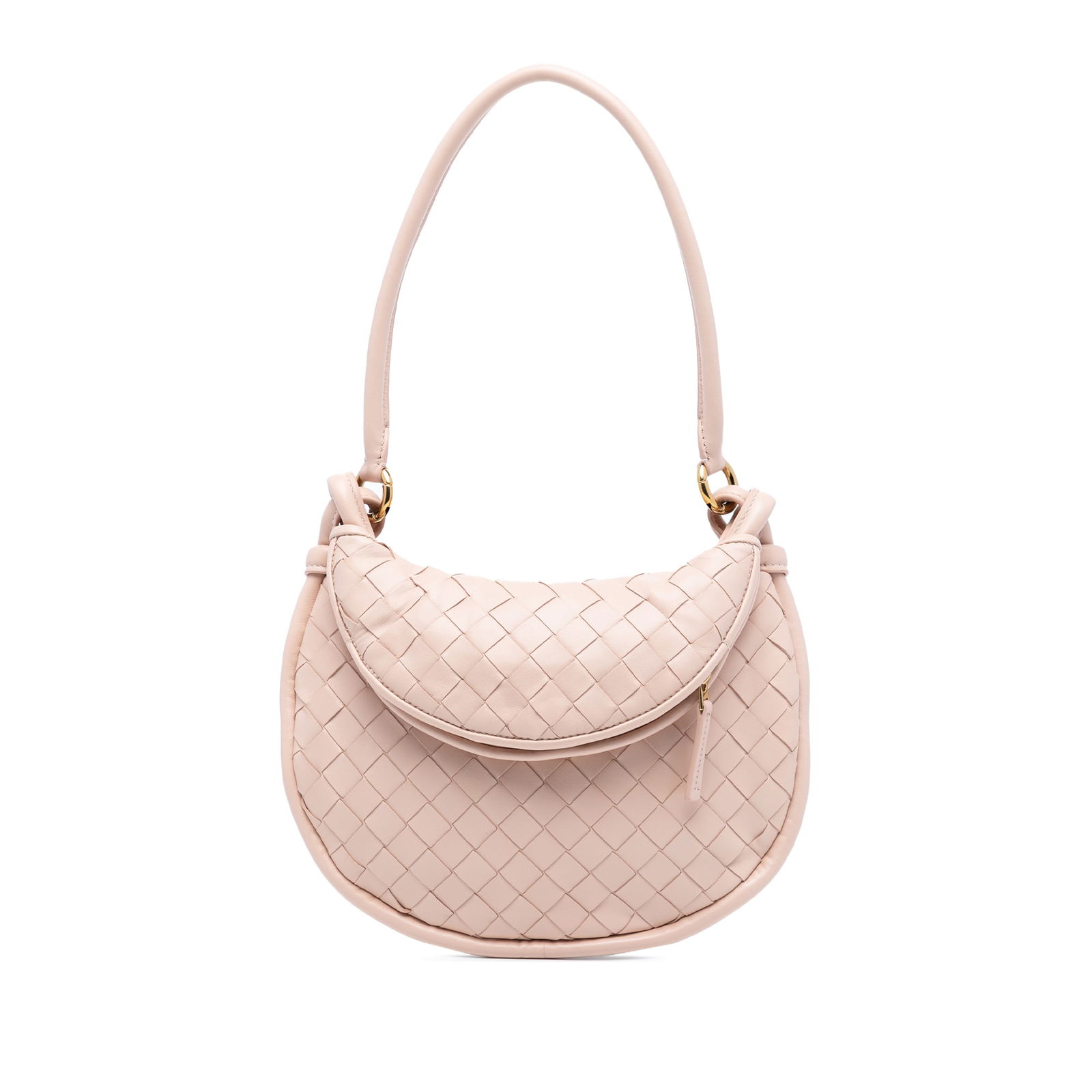 Bottega Veneta Gemelli Small Pink Nappa Leather Intrecciato Hobo Bag: Bottega Veneta Gemelli Small Pink Nappa Leather Intrecciato Hobo Bag This Bottega Veneta Small Nappa Intrecciato Gemelli Hobo features a woven nappa leather body in pink, a rolled shoulder strap, a re