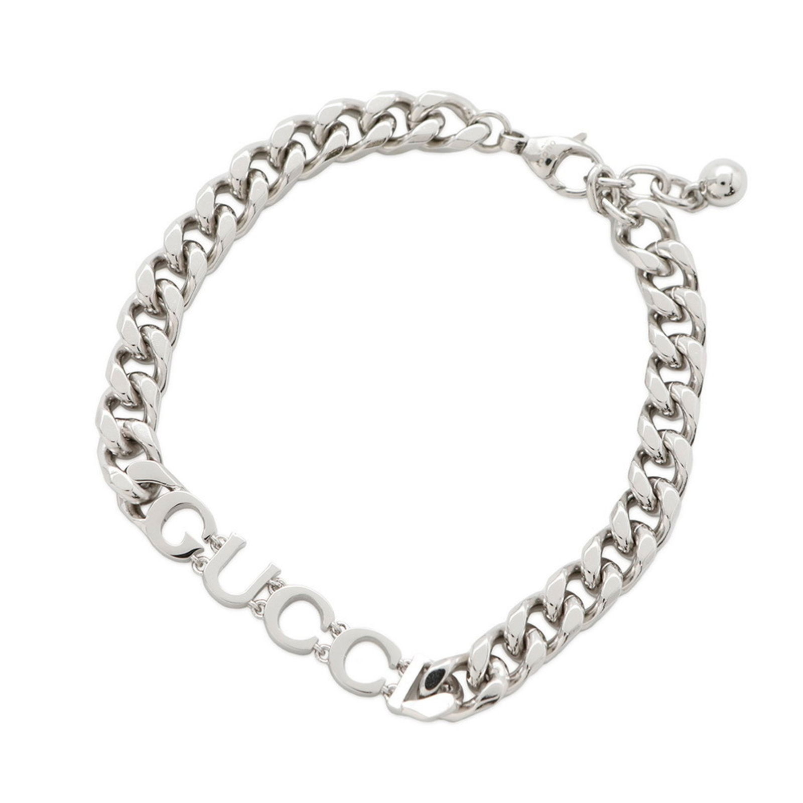Gucci silver tone unisex metal bracelet from Italy 16.5cm to 18cm: Gucci silver tone unisex metal bracelet from Italy 16.5cm to 18cm This Gucci metal accessory in silver features a unisex design and adjustable length. Made in Italy, it exhibits slight scratches on th