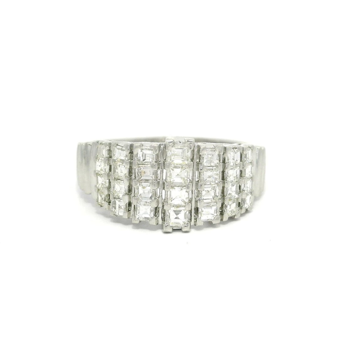 Platinum 1.0ctw Diamond Domed Pyramid Ring Unique Square Cut: Platinum 1.0ctw Diamond Domed Pyramid Ring Unique Square Cut This stunning Platinum Unique Square Step Cut Diamond Domed Pyramid Band Ring features a distinctive dome style and is adorned with 28 natu