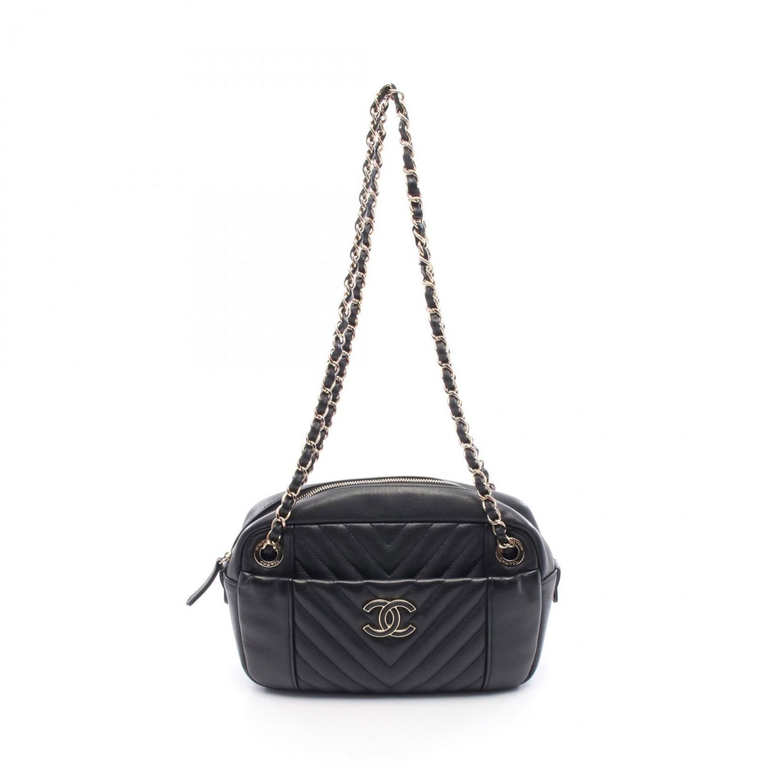 Black Leather Shoulder Bag 15cm x 23cm x 7cm by Chanel: Black Leather Shoulder Bag 15cm x 23cm x 7cm by Chanel This Chanel women's handbag is crafted from black leather and features a classic design. The bag shows minor signs of use, including a slightly o