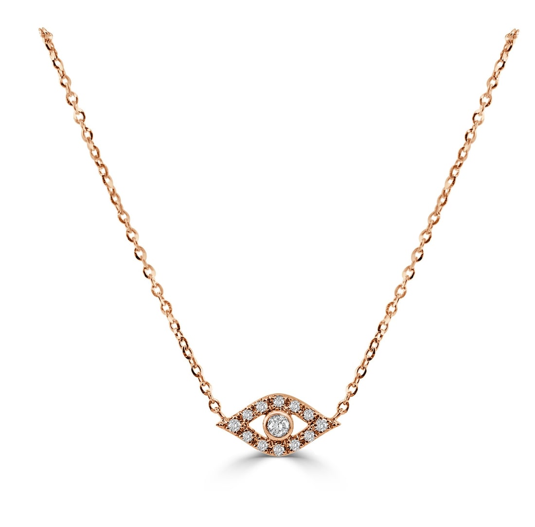 14k Rose Gold Evil Eye Necklace with 13 Diamonds: 14k Rose Gold Evil Eye Necklace with 13 Diamonds This exquisite 14k Rose Gold & Diamond Evil Eye Necklace features a round pendant adorned with 13 brilliant diamonds totaling 0.09 carats. The design s