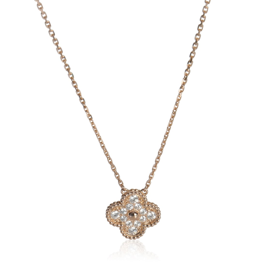 Vintage Alhambra Pendant in 18k Rose Gold with Diamonds by Van Cleef & Arpels: Vintage Alhambra Pendant in 18k Rose Gold with Diamonds by Van Cleef & Arpels This Van Cleef & Arpels Vintage Alhambra pendant features a round brilliant-cut white diamond set in 18k rose gold. The pe