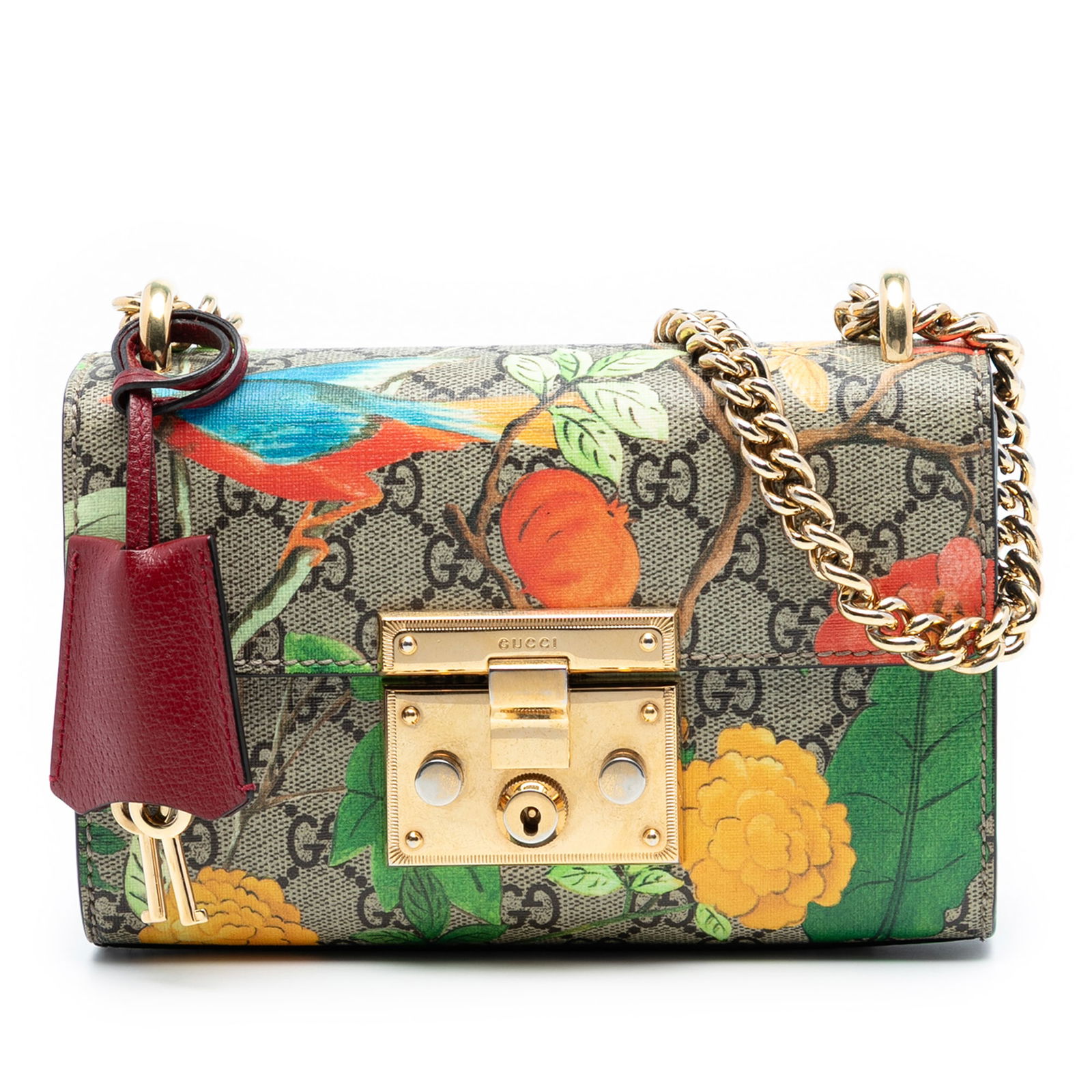 Gucci Tian Padlock Small GG Supreme Crossbody Bag with Gold Chain: Gucci Tian Padlock Small GG Supreme Crossbody Bag with Gold Chain This Gucci Small GG Supreme Tian Padlock Crossbody bag features a coated canvas body with a distinctive brown GG Supreme Tian print. I