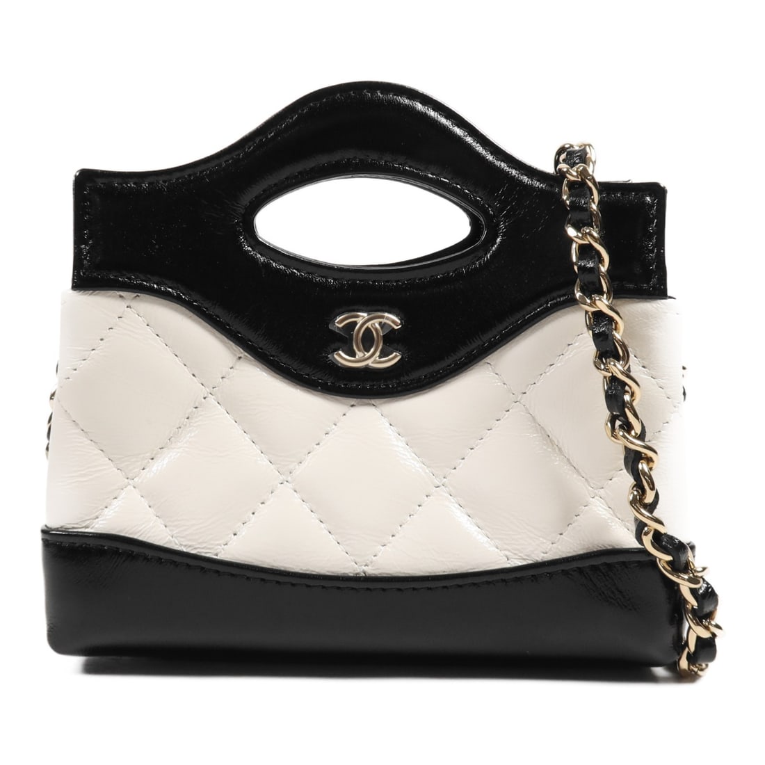 CHANEL 31 Micro 2 Way Shoulder Handbag Calfskin Black White GHW: CHANEL 31 Micro 2 Way Shoulder Handbag Calfskin Black White GHW This stunning CHANEL 31 Micro 2 Way Shoulder Handbag features a luxurious black calfskin exterior complemented by elegant gold hardware.