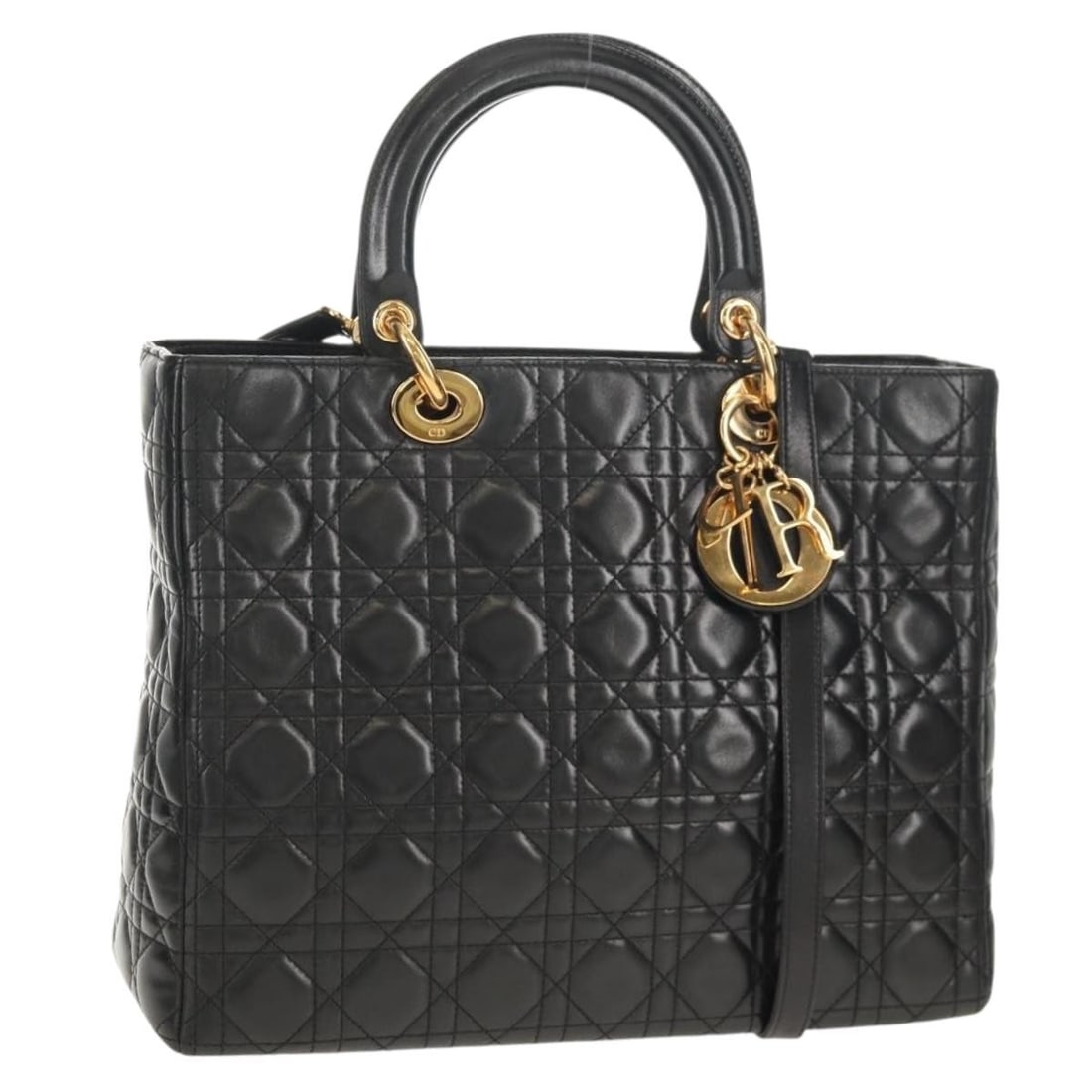 Christian Dior Canage Lady Dior Hand Bag Black Gold Lamb Skin Authentic: Christian Dior Canage Lady Dior Hand Bag Black Gold Lamb Skin Authentic This exquisite Christian Dior Canage Lady Dior Hand Bag is crafted from luxurious lamb skin leather in a striking black and gold