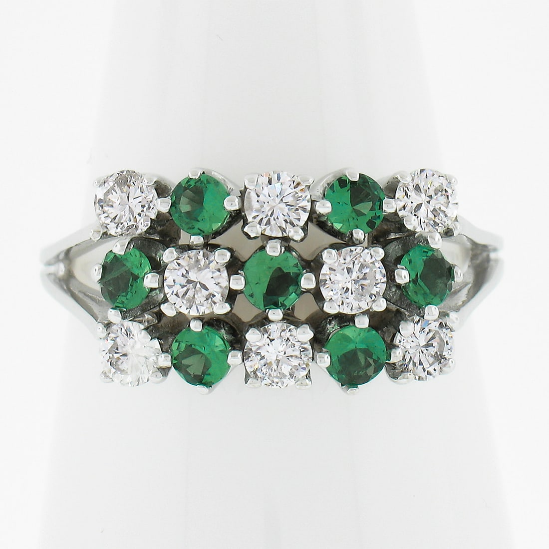 Vintage 14k White Gold Emerald Diamond Rectangular Ring: Vintage 14k White Gold Emerald Diamond Rectangular Ring Presenting a stunning vintage ring crafted from solid 14k white gold, featuring an elegant arrangement of lab-created emeralds and genuine diamo