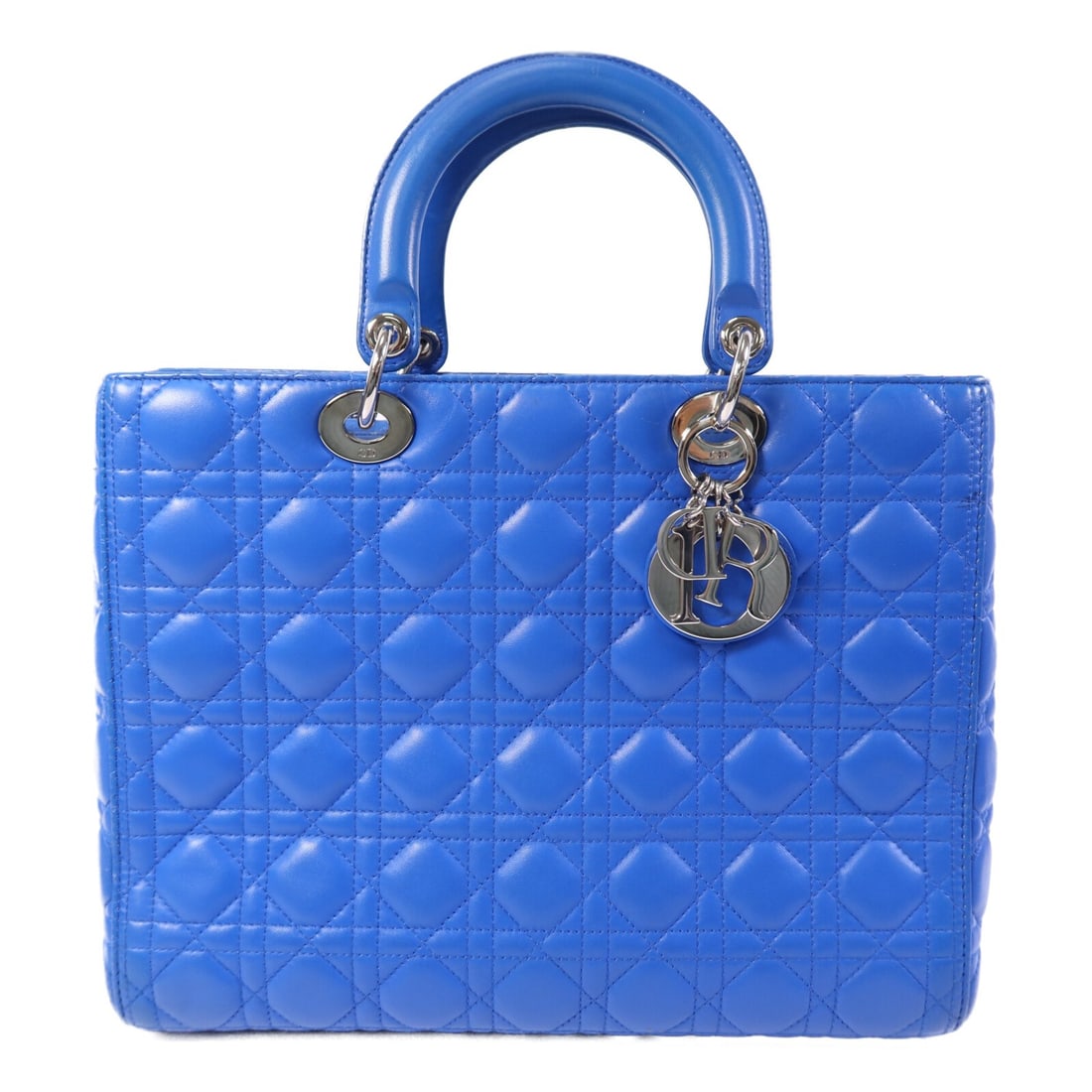 Blue Lady Dior Calfskin Handbag with Silver Tone Hardware 18-MA-0153: Blue Lady Dior Calfskin Handbag with Silver Tone Hardware 18-MA-0153 This Christian Dior Lady Dior handbag is crafted from blue calfskin leather and features silver-tone hardware. The bag is designed