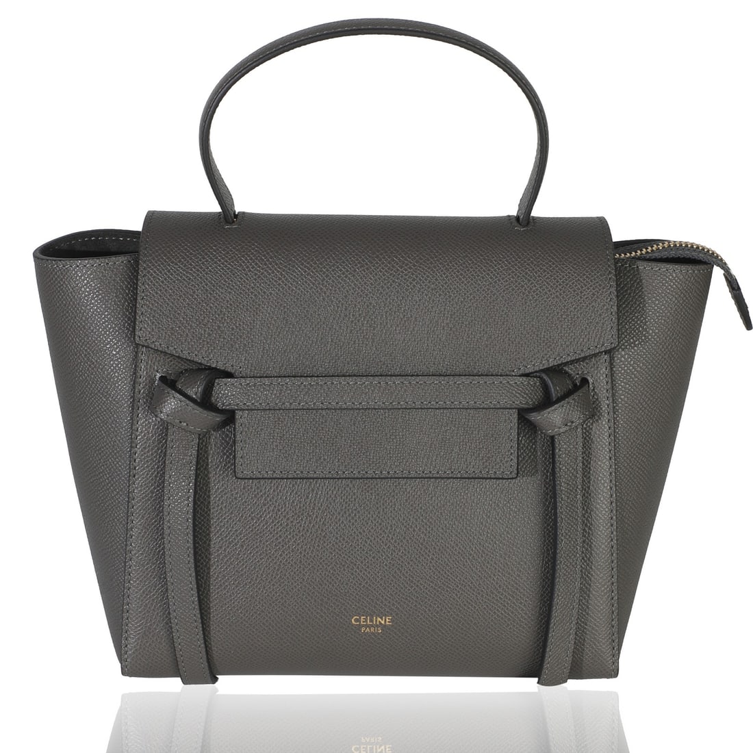 Nano Belt Bag in Grey Grained Calfskin Leather by Celine with Dustbag: Nano Belt Bag in Grey Grained Calfskin Leather by Celine with Dustbag This Celine Nano Belt Bag is crafted from grey grained calfskin leather and features a sleek, structured silhouette. Designed in I