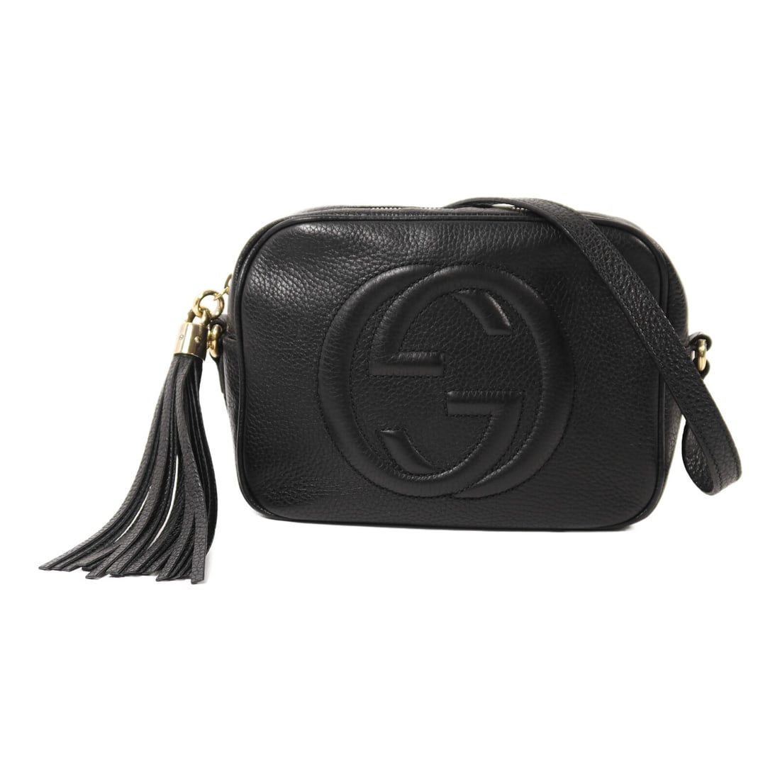 Black Calfskin Soho Disco Shoulder Bag by Gucci with Gold Hardware: Black Calfskin Soho Disco Shoulder Bag by Gucci with Gold Hardware This GUCCI Soho Disco shoulder bag is crafted from black calfskin leather and features the signature GG detail. Designed as a regular