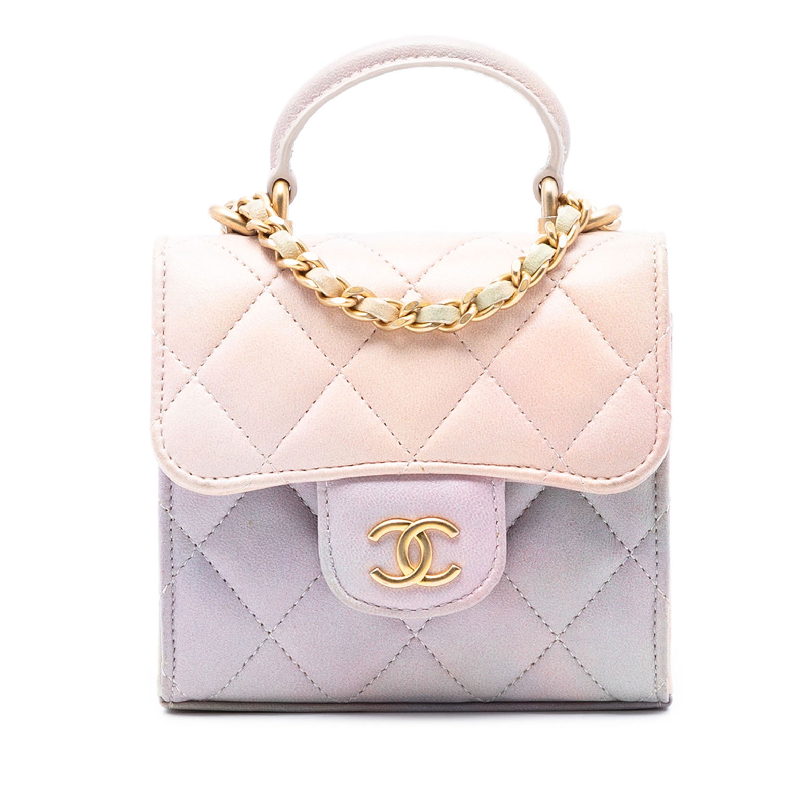 Chanel Ombre Lambskin Quilted Clutch Bag with Top Handle and Chain: Chanel Ombre Lambskin Quilted Clutch Bag with Top Handle and Chain This Chanel CC Quilted Lambskin Ombre Top Handle Flap Clutch With Chain features an iridescent lambskin leather body in a pink ombre