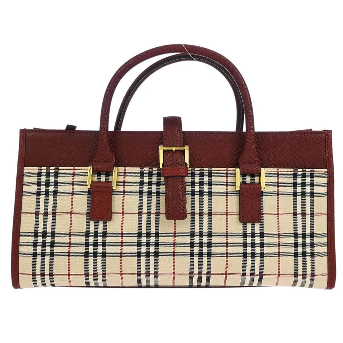 Burberry Beige Canvas Check Handbag with Bordeaux Leather Straps (1 of 10)