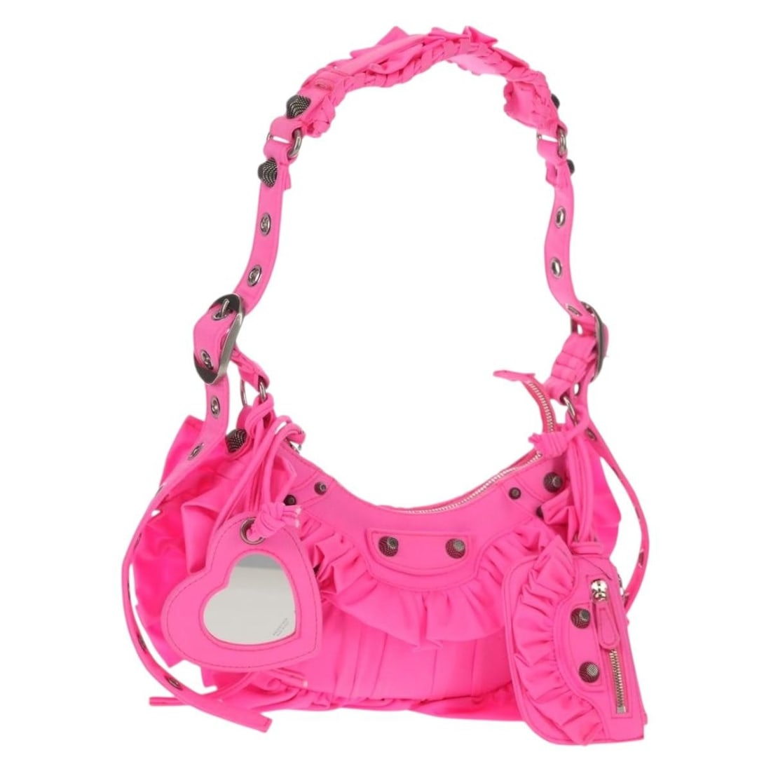 BALENCIAGA LucaGol XS Pink Silver Nylon Shoulder Bag Auth 671309: BALENCIAGA LucaGol XS Pink Silver Nylon Shoulder Bag Auth 671309 Introducing the BALENCIAGA LucaGol XS Shoulder Bag, a stylish and practical accessory crafted from durable nylon in a striking pink and