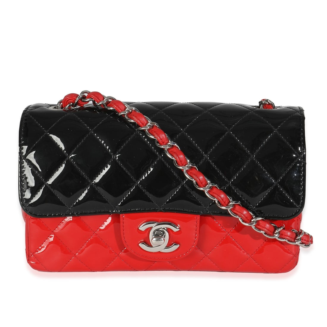Chanel Mini Rectangular Flap Bag Red Black Patent Leather 2019: Chanel Mini Rectangular Flap Bag Red Black Patent Leather 2019 Introducing the Chanel Red Black Quilted Patent Bi-Color Mini Rectangular Flap Bag, a timeless piece of luxury. This exquisite shoulder b