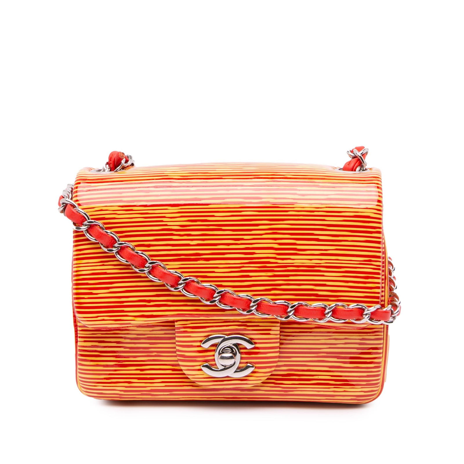 Chanel Mini Square Classic Patent Flap Bag Orange Leather: Chanel Mini Square Classic Patent Flap Bag Orange Leather The Chanel Mini Square Classic Patent Striped Single Flap bag is a stylish accessory crafted from patent leather, showcasing a vibrant orange