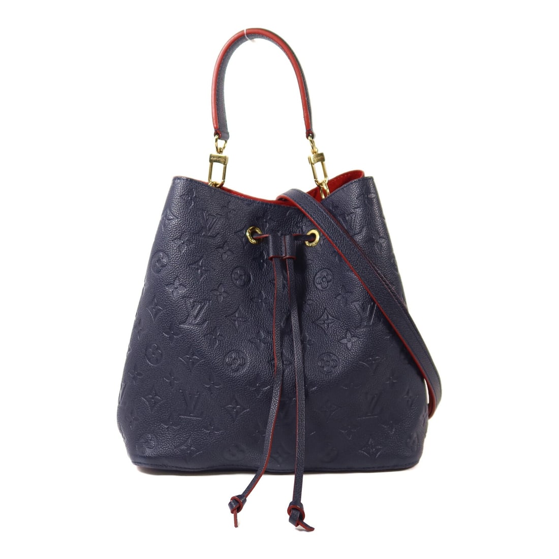 Neo Noe MM Navy Red Calfskin Shoulder Bag M45306 with Gold Hardware: Neo Noe MM Navy Red Calfskin Shoulder Bag M45306 with Gold Hardware This Louis Vuitton Neo Noe MM 2-way shoulder bag features a sophisticated navy blue Monogram Empreinte design with red accents. Craf