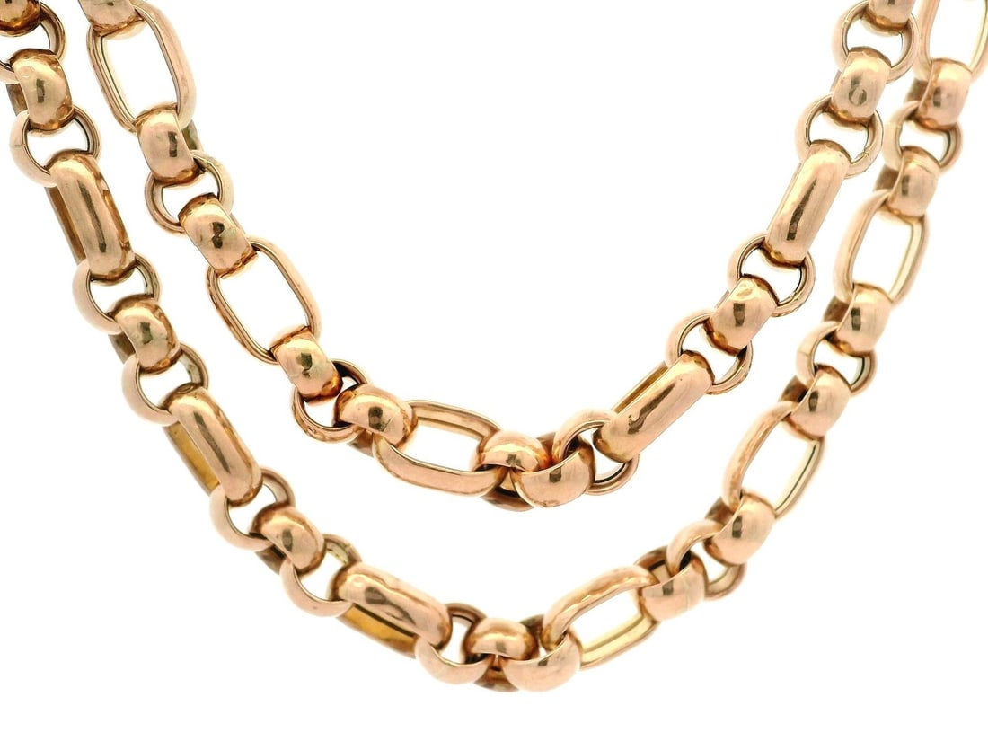 Antique 9k Rosy Yellow Gold 21 Inch Rolo Oval Link Necklace: Antique 9k Rosy Yellow Gold 21 Inch Rolo Oval Link Necklace This exquisite antique necklace features a stunning 21-inch chain crafted from solid 9k rosy yellow gold. The chain showcases a unique combi