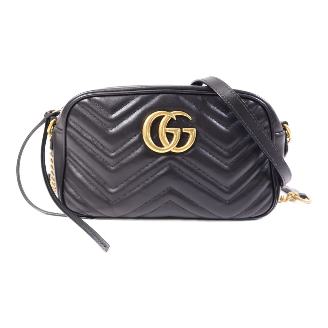 Gucci Marmont Black Calfskin Shoulder Bag with Gold Hardware Model 447632: Gucci Marmont Black Calfskin Shoulder Bag with Gold Hardware Model 447632 This is a Gucci GG Marmont shoulder bag crafted from black calfskin leather. It features gold tone hardware, a regular size, a
