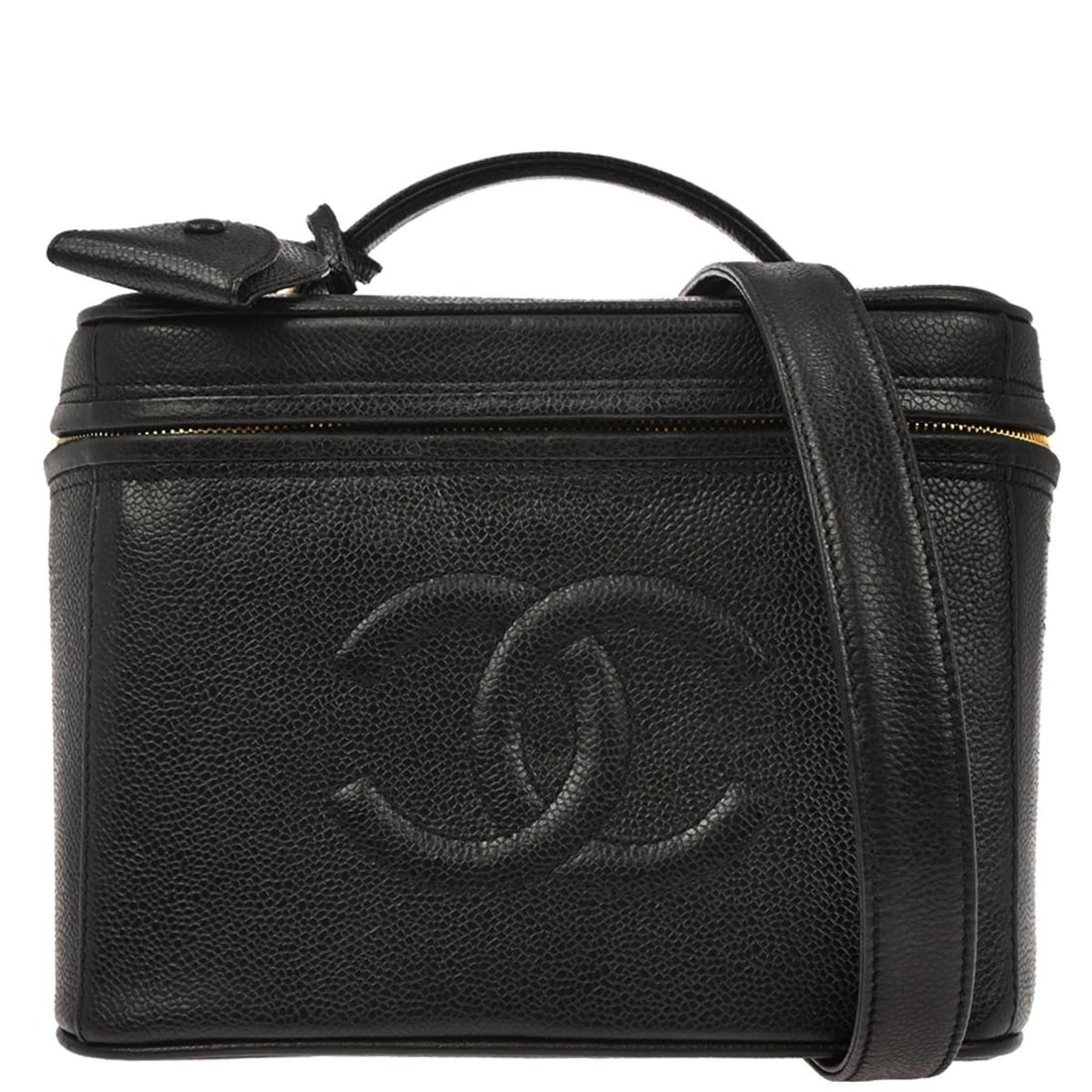 Chanel Vanity Medium Black Leather Top Handle Bag with Zipper Closure: Chanel Vanity Medium Black Leather Top Handle Bag with Zipper Closure This Chanel Vanity handbag is crafted from black calfskin leather and features a top handle along with a detachable strap for vers