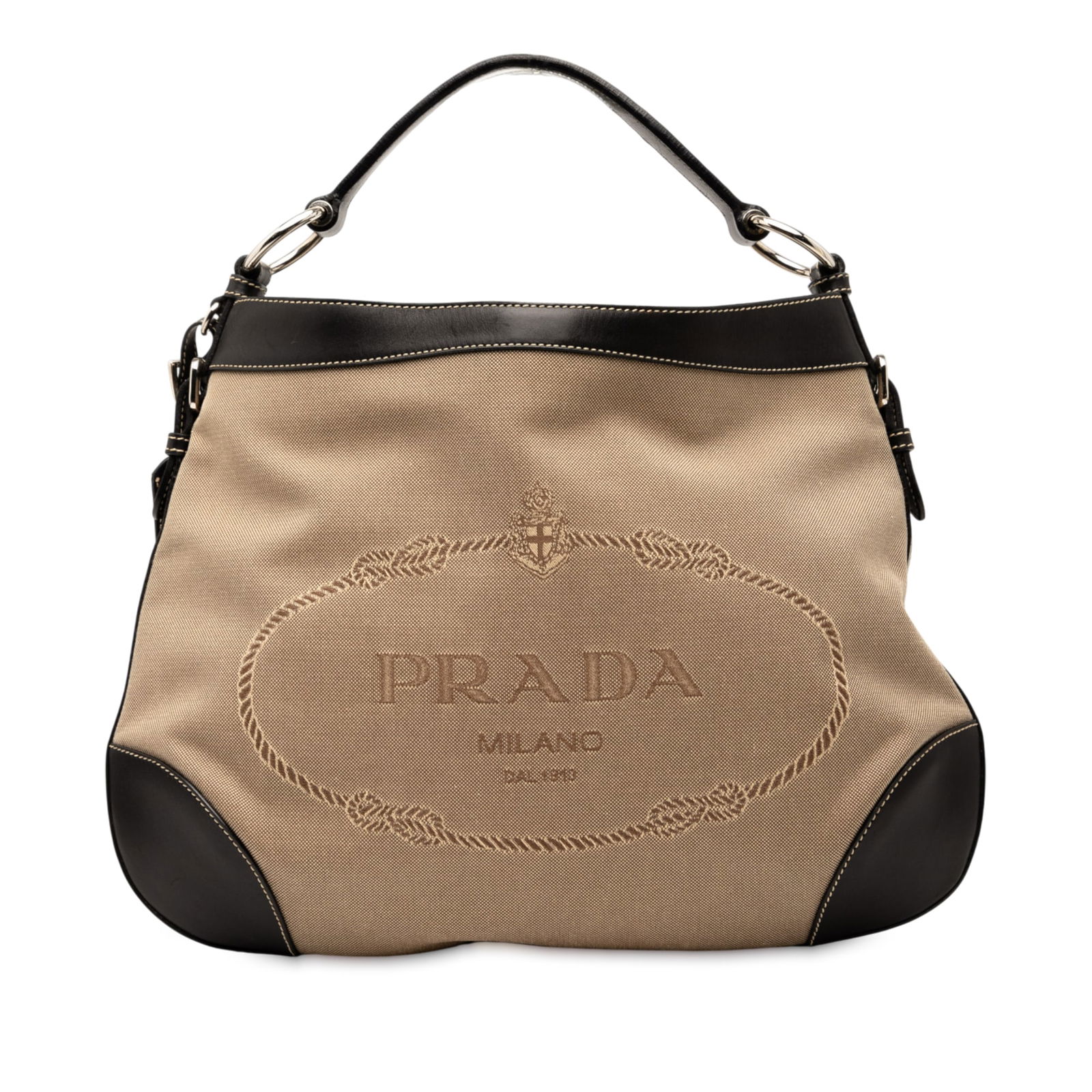 Prada Canvas Canapa Logo Hobo Bag Italy Brown Fabric: Prada Canvas Canapa Logo Hobo Bag Italy Brown Fabric This Prada Canvas Canapa Logo Hobo bag is a stylish accessory crafted from durable canvas with elegant leather trim. It features a flat leather str