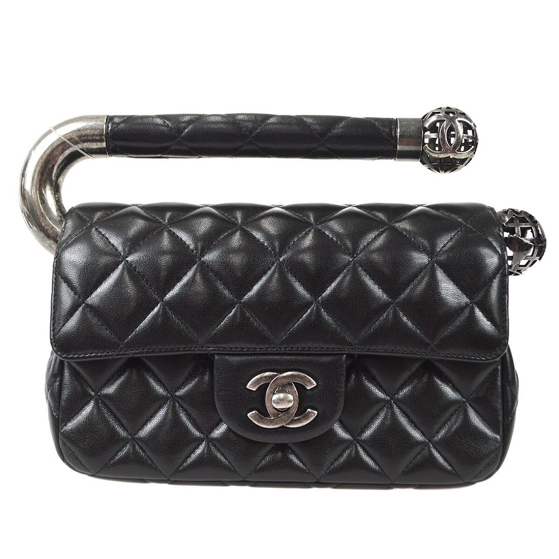Chanel Classic Flap Black Lambskin Handbag with Silver Hardware: Chanel Classic Flap Black Lambskin Handbag with Silver Hardware This exquisite Chanel Black Lambskin Handbag is a perfect blend of elegance and functionality. Crafted from luxurious lambskin leather,
