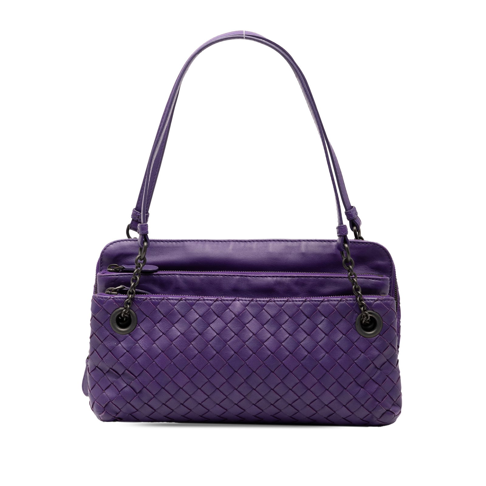 Bottega Veneta Purple Nappa Intrecciato Triple Zip Shoulder Bag: Bottega Veneta Purple Nappa Intrecciato Triple Zip Shoulder Bag This Bottega Veneta Nappa Intrecciato Triple Zip Shoulder Bag showcases an elegant woven leather design in a rich purple hue. The bag fe
